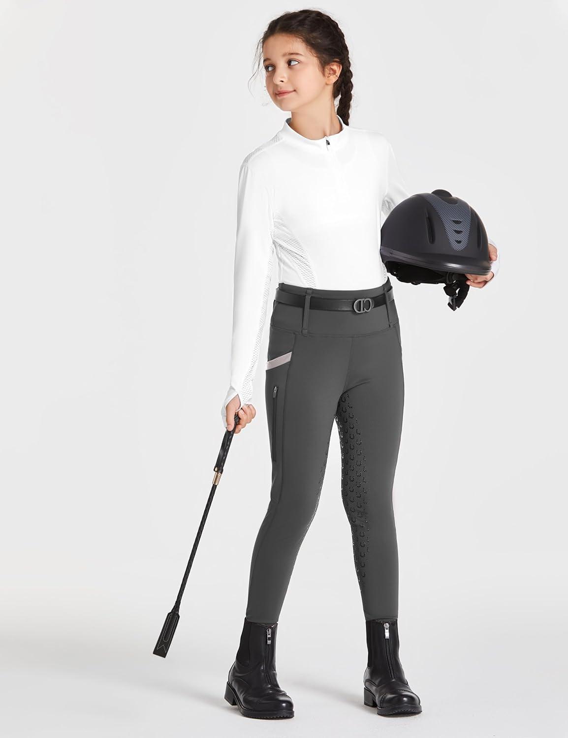 imageFitsT4 Sports Girls Riding Pants Full Seat High Waist Kids Equestrian Breeches Horse Schooling Tights Zipper PocketsDark Grey