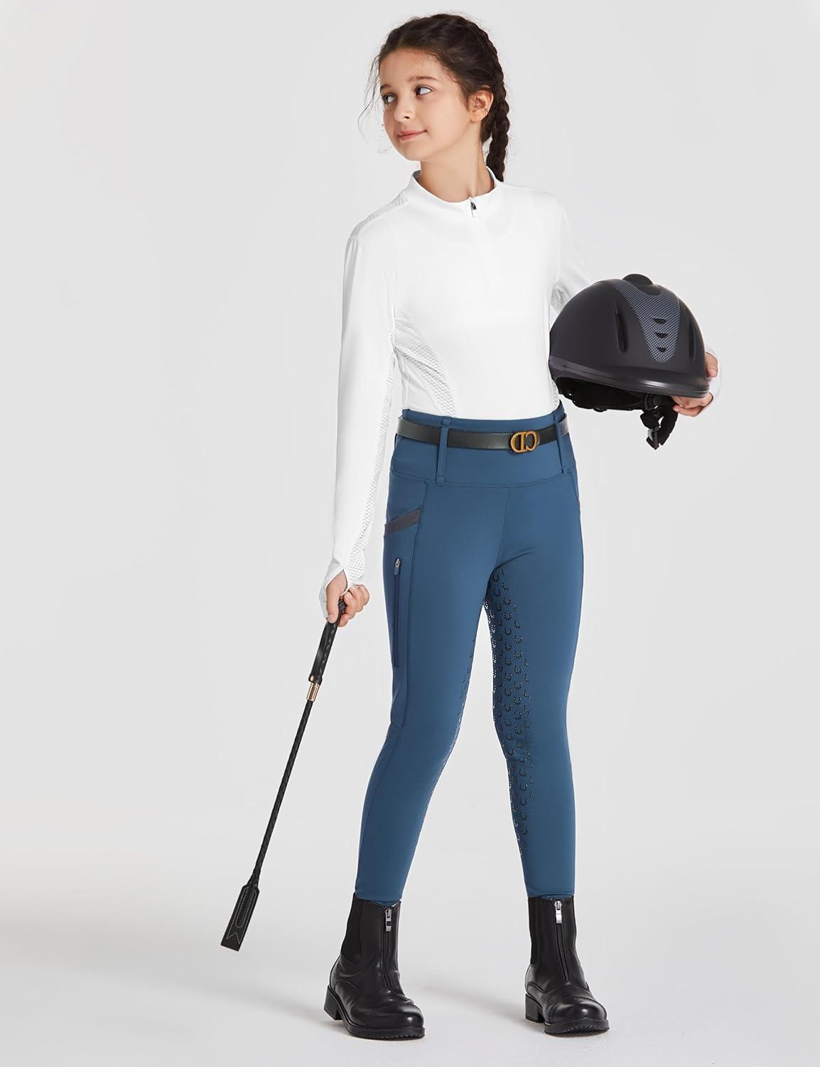 imageFitsT4 Sports Girls Riding Pants Full Seat High Waist Kids Equestrian Breeches Horse Schooling Tights Zipper PocketsPeacock Blue