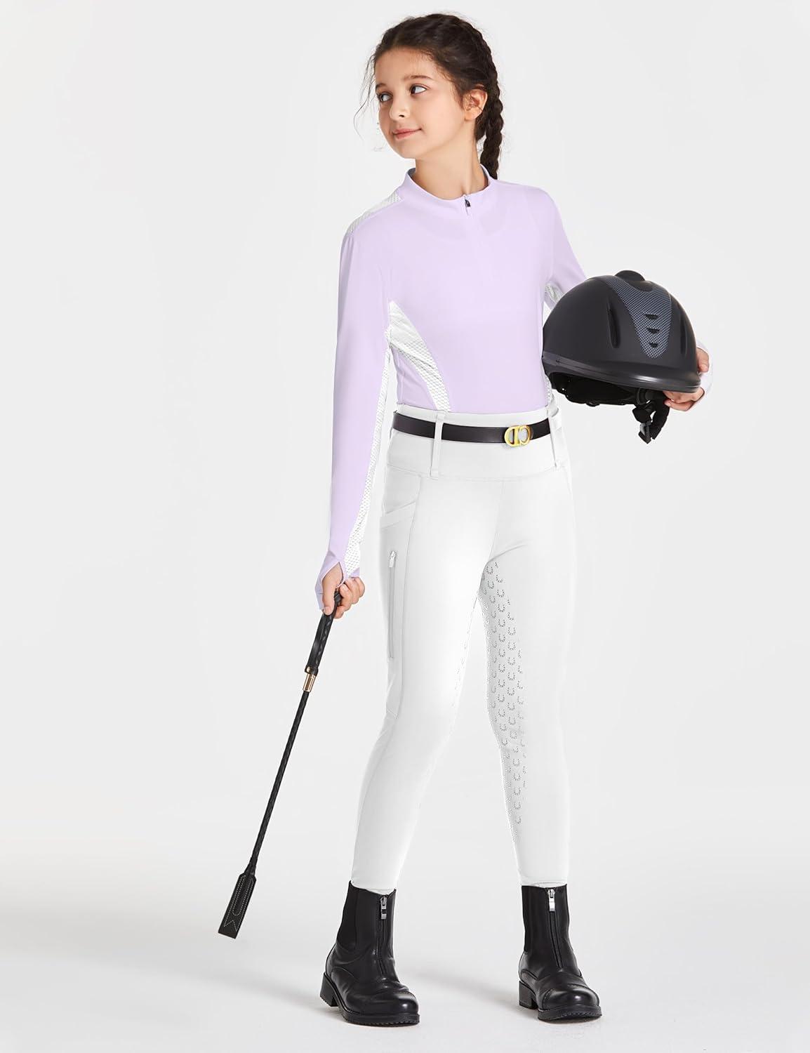 imageFitsT4 Sports Girls Riding Pants Full Seat High Waist Kids Equestrian Breeches Horse Schooling Tights Zipper PocketsWhite