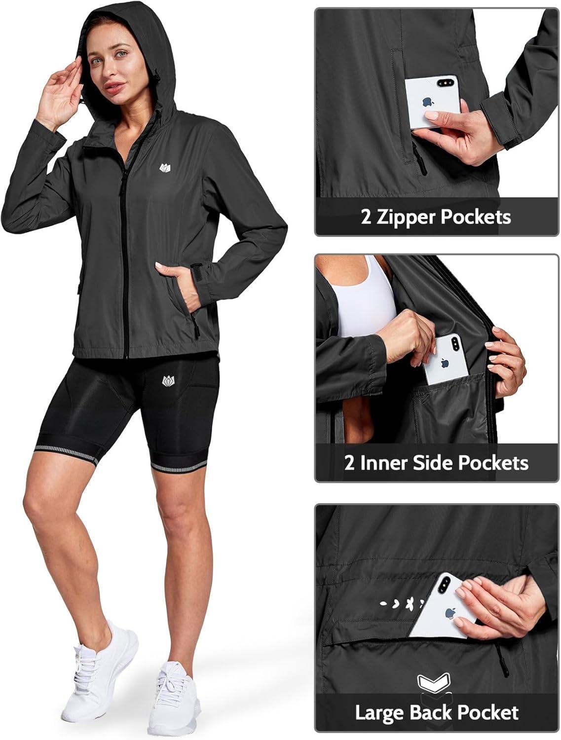 imageFitsT4 Sports Womens Cycling Running Jackets Lightweight Windproof Bike Windbreaker Reflective with HoodedBlack