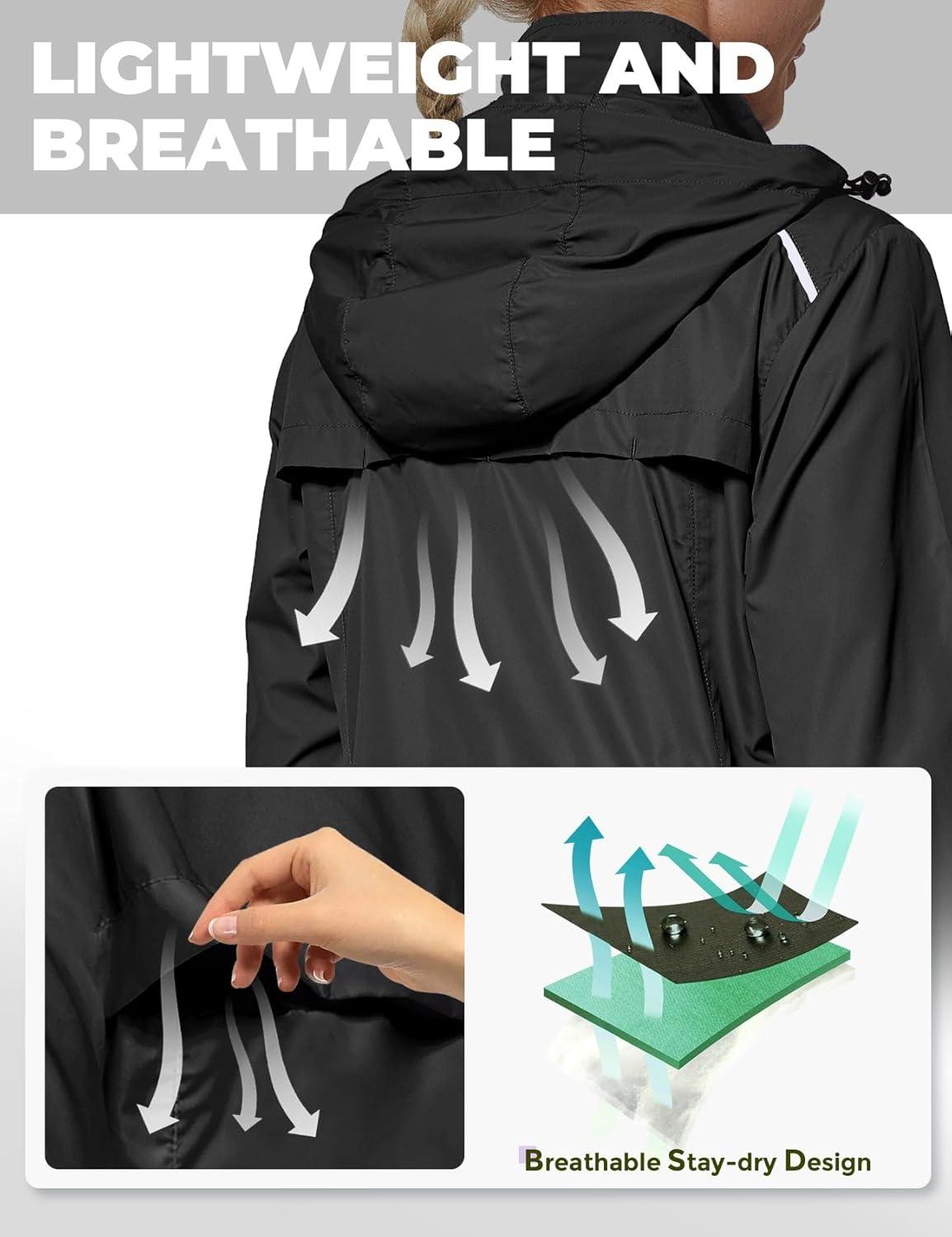 imageFitsT4 Sports Womens Cycling Running Jackets Lightweight Windproof Bike Windbreaker Reflective with HoodedBlack