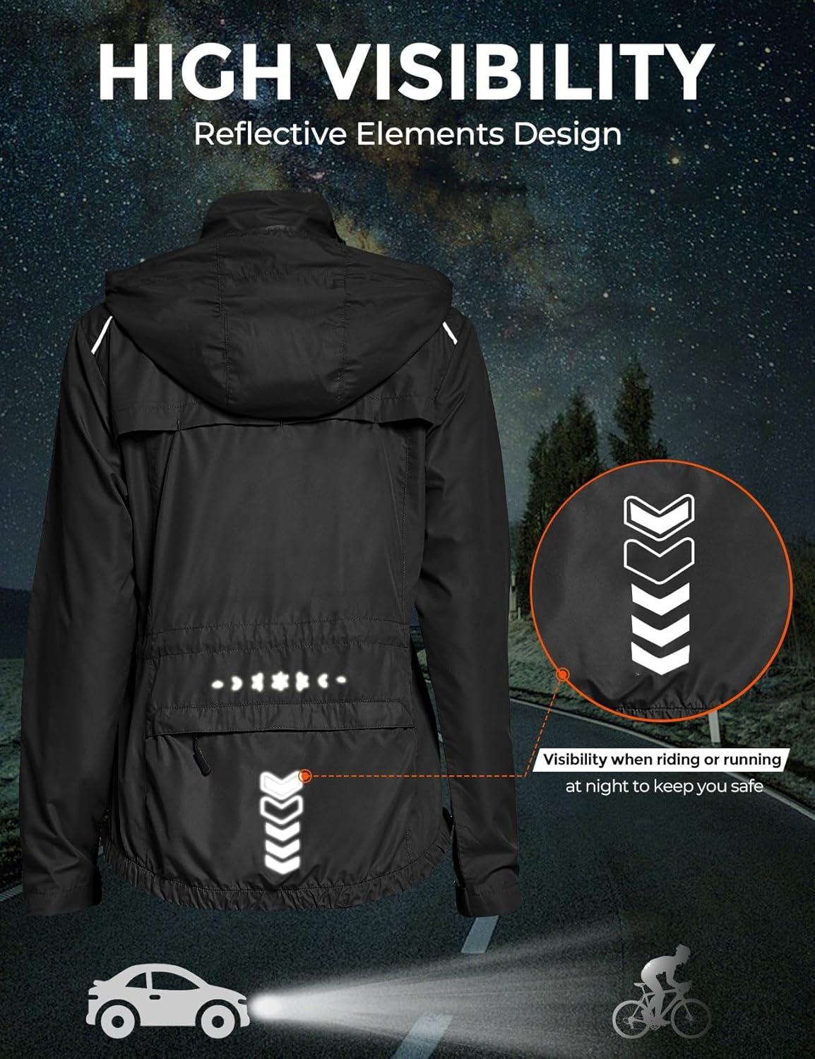 imageFitsT4 Sports Womens Cycling Running Jackets Lightweight Windproof Bike Windbreaker Reflective with HoodedBlack