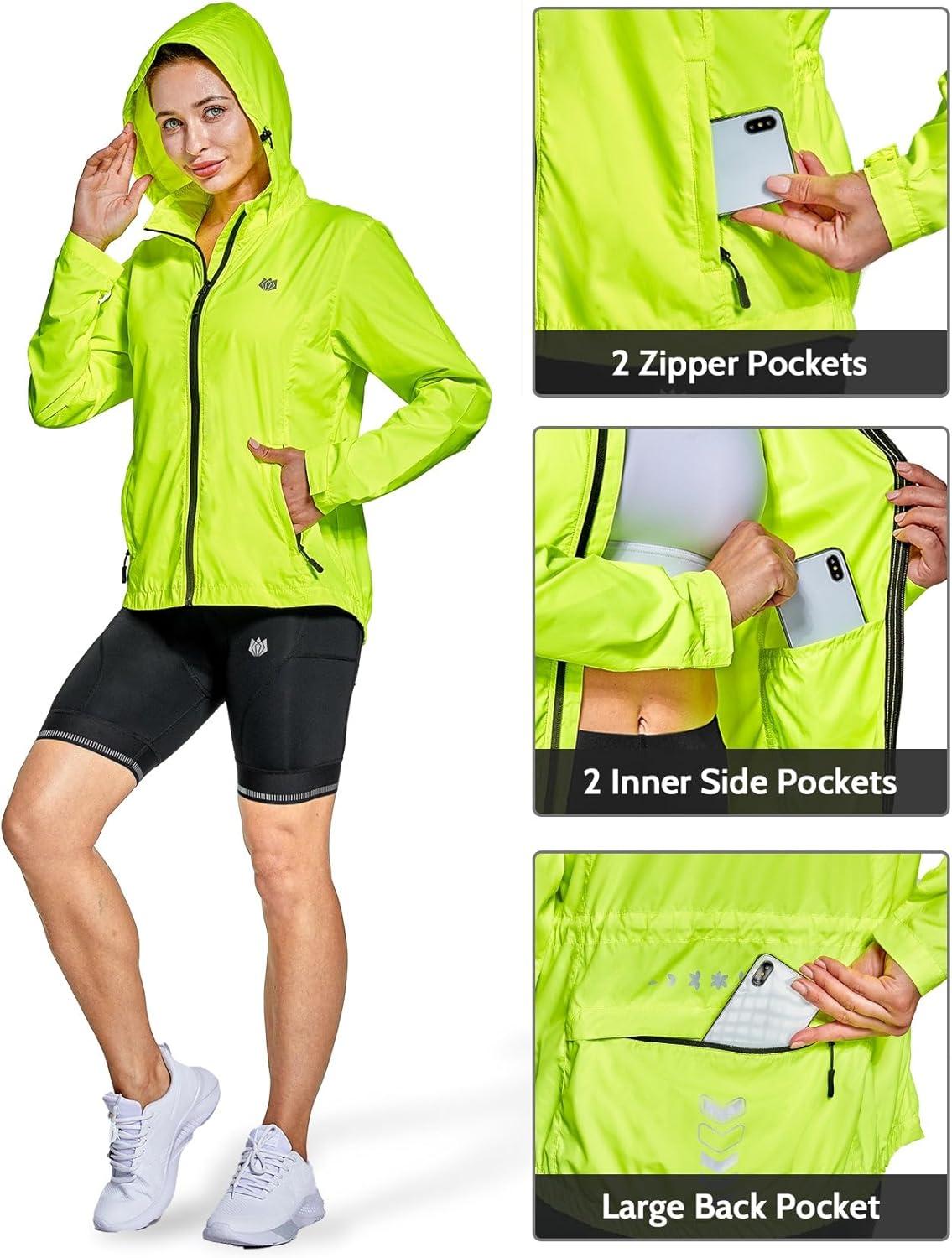 imageFitsT4 Sports Womens Cycling Running Jackets Lightweight Windproof Bike Windbreaker Reflective with HoodedFluorescent Yellow