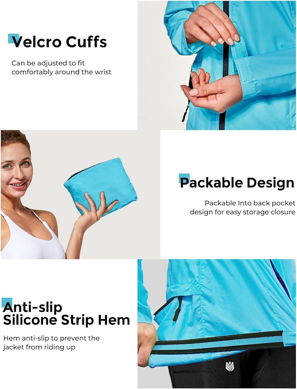 imageFitsT4 Sports Womens Cycling Running Jackets Lightweight Windproof Bike Windbreaker Reflective with HoodedLight Blue