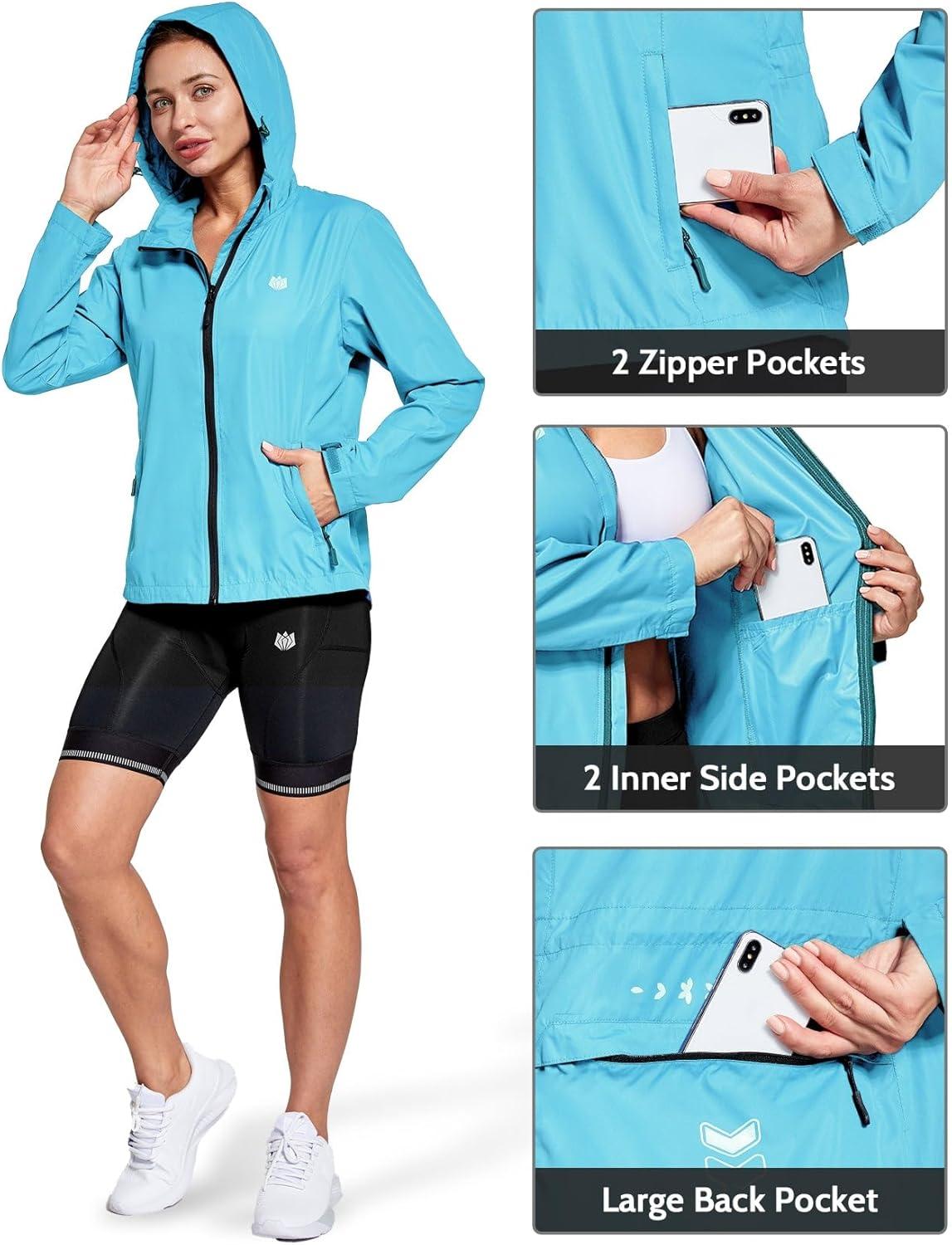 imageFitsT4 Sports Womens Cycling Running Jackets Lightweight Windproof Bike Windbreaker Reflective with HoodedLight Blue