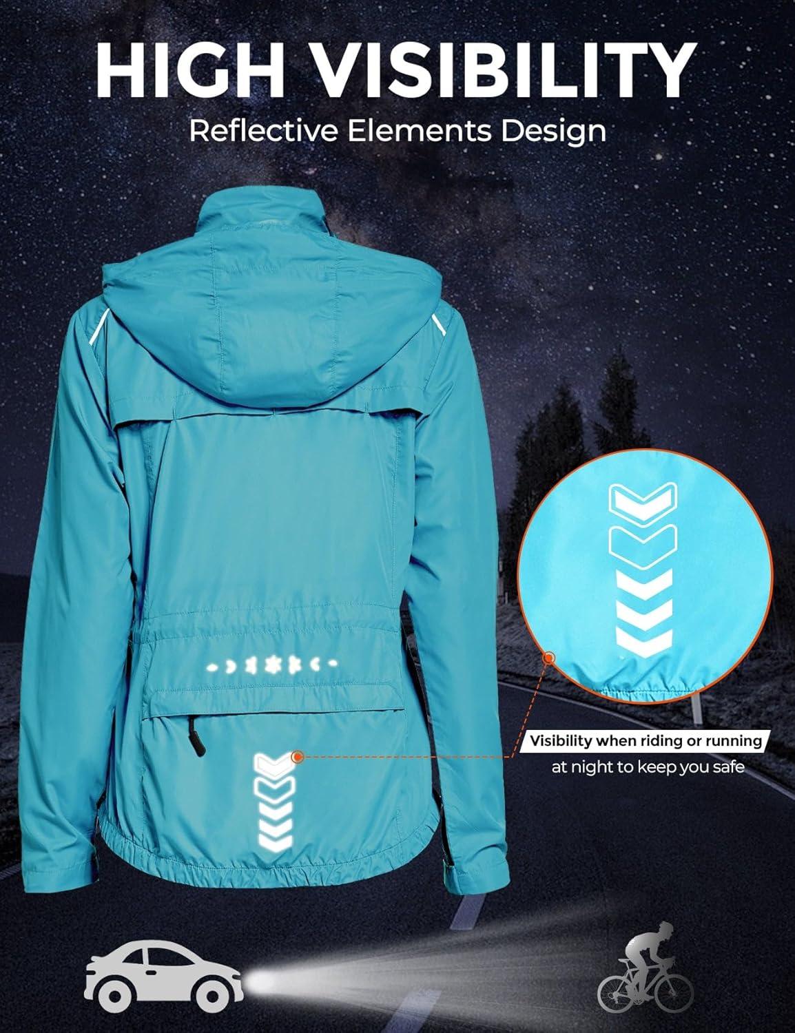 imageFitsT4 Sports Womens Cycling Running Jackets Lightweight Windproof Bike Windbreaker Reflective with HoodedLight Blue
