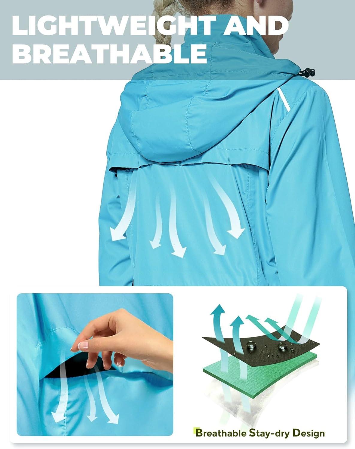 imageFitsT4 Sports Womens Cycling Running Jackets Lightweight Windproof Bike Windbreaker Reflective with HoodedLight Blue