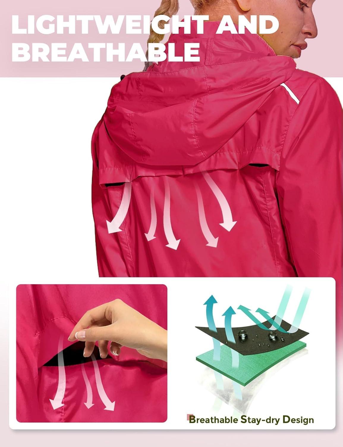 imageFitsT4 Sports Womens Cycling Running Jackets Lightweight Windproof Bike Windbreaker Reflective with HoodedRose Red