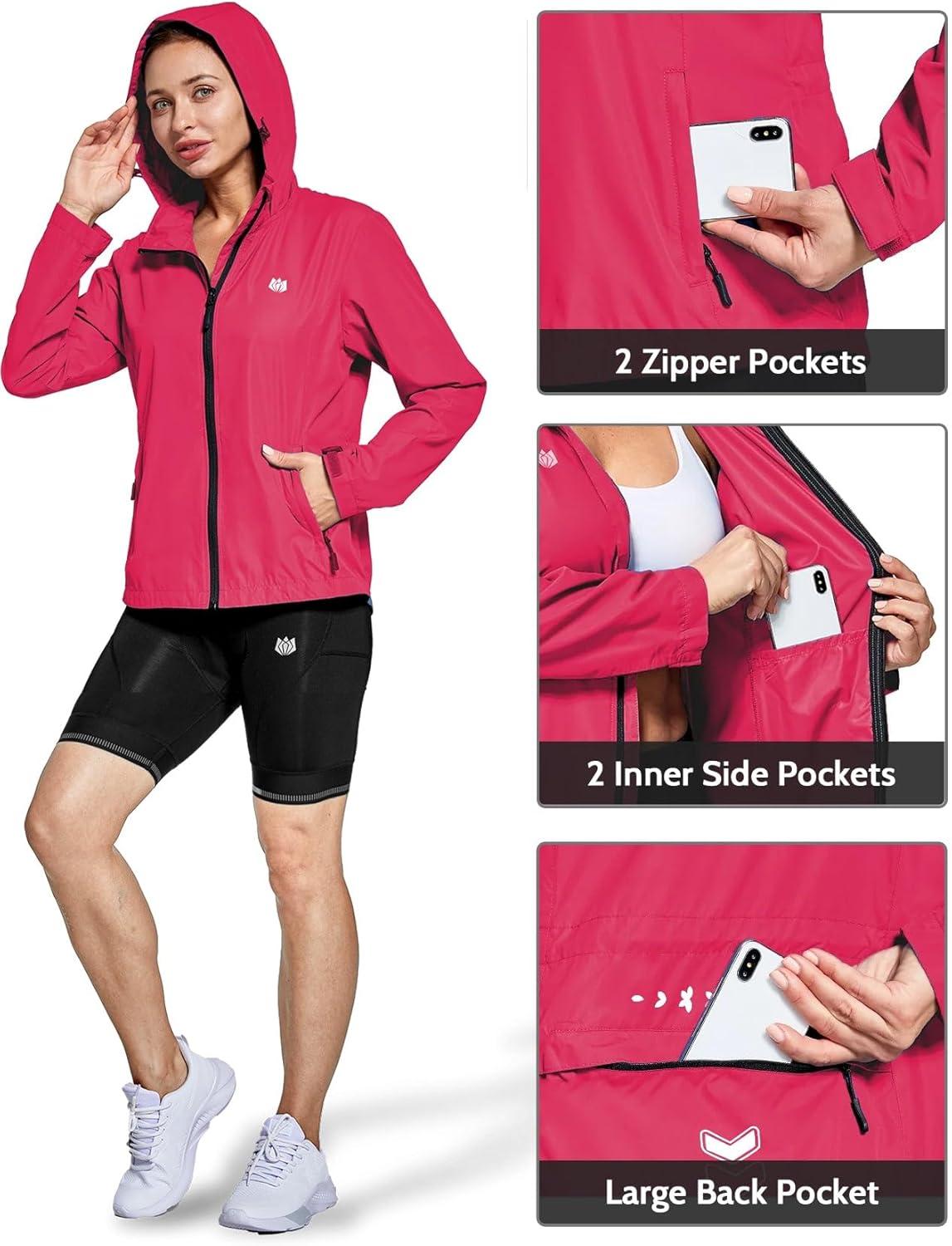 imageFitsT4 Sports Womens Cycling Running Jackets Lightweight Windproof Bike Windbreaker Reflective with HoodedRose Red