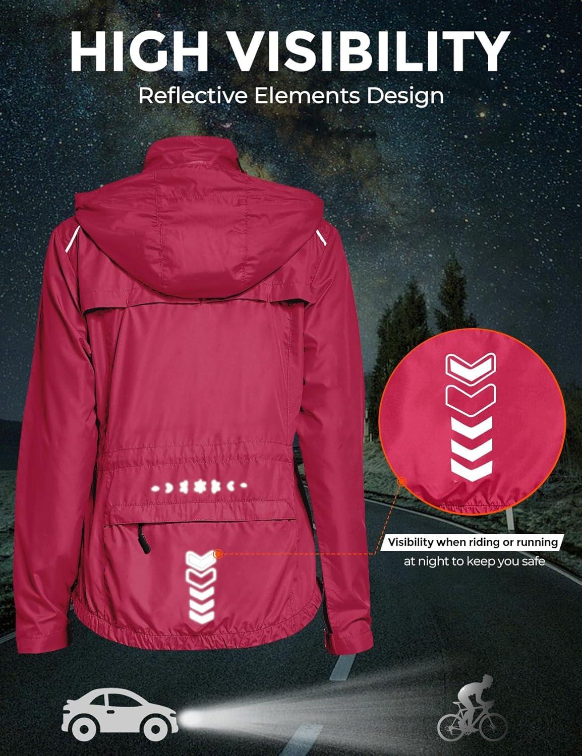 imageFitsT4 Sports Womens Cycling Running Jackets Lightweight Windproof Bike Windbreaker Reflective with HoodedRose Red