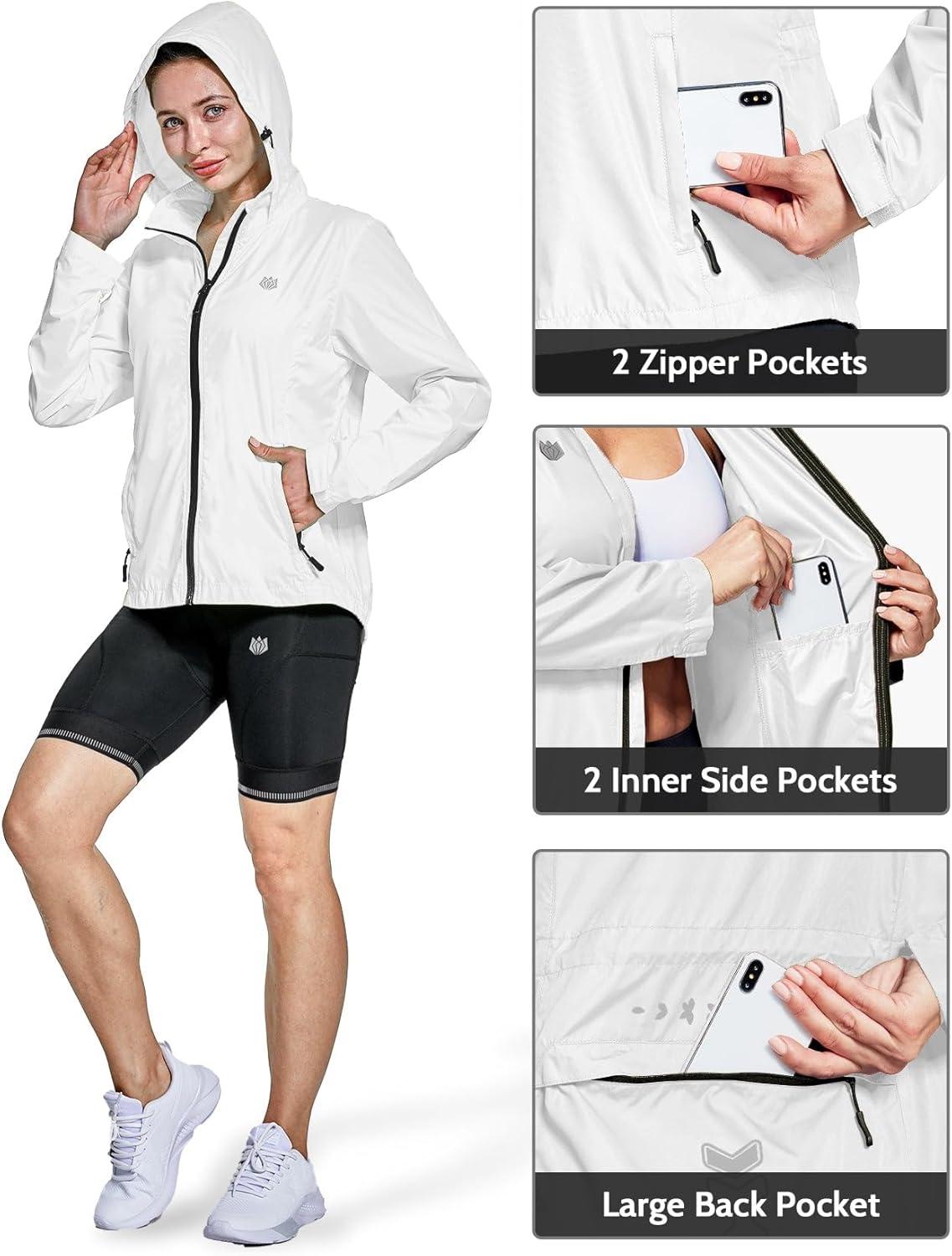 imageFitsT4 Sports Womens Cycling Running Jackets Lightweight Windproof Bike Windbreaker Reflective with HoodedWhite