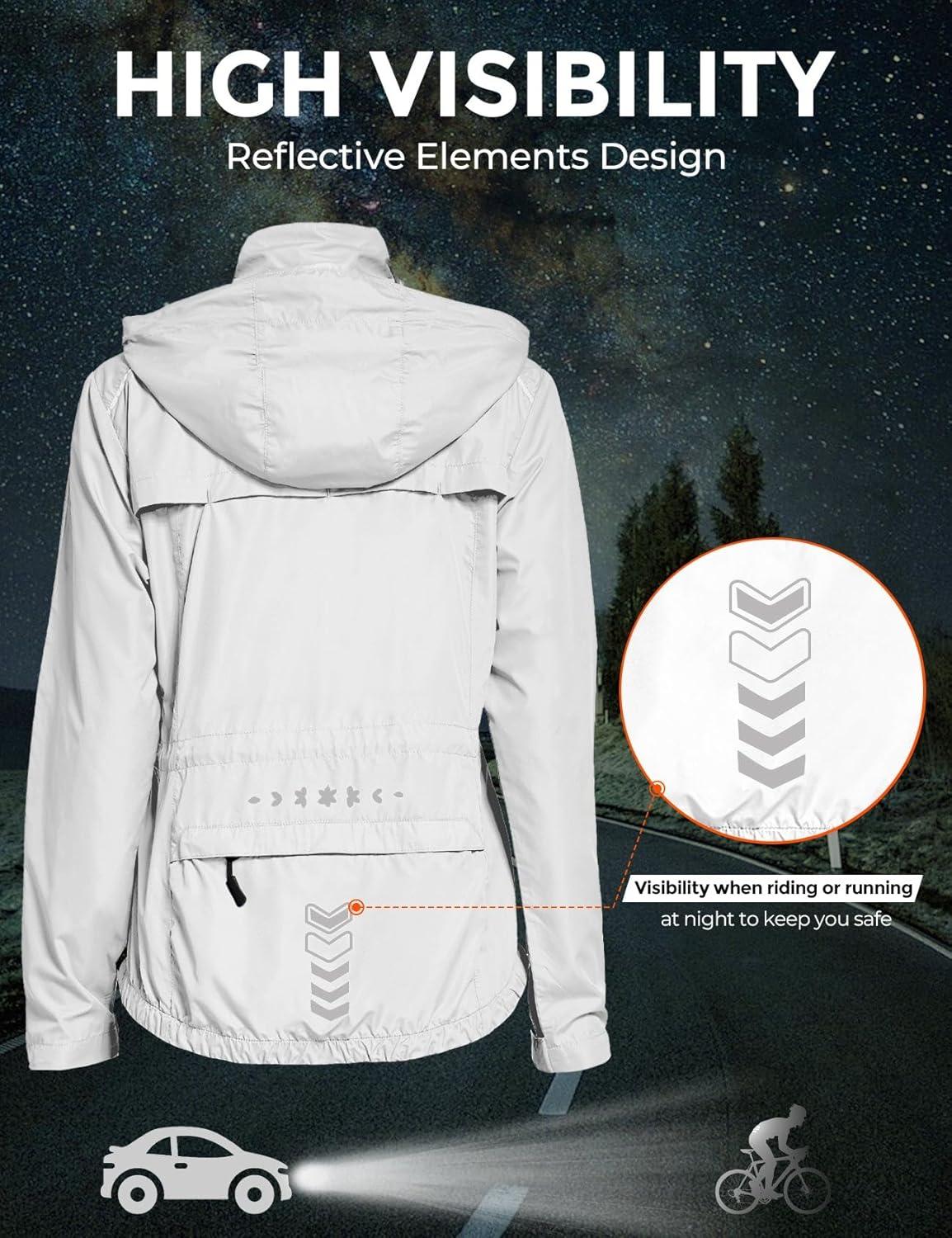 imageFitsT4 Sports Womens Cycling Running Jackets Lightweight Windproof Bike Windbreaker Reflective with HoodedWhite