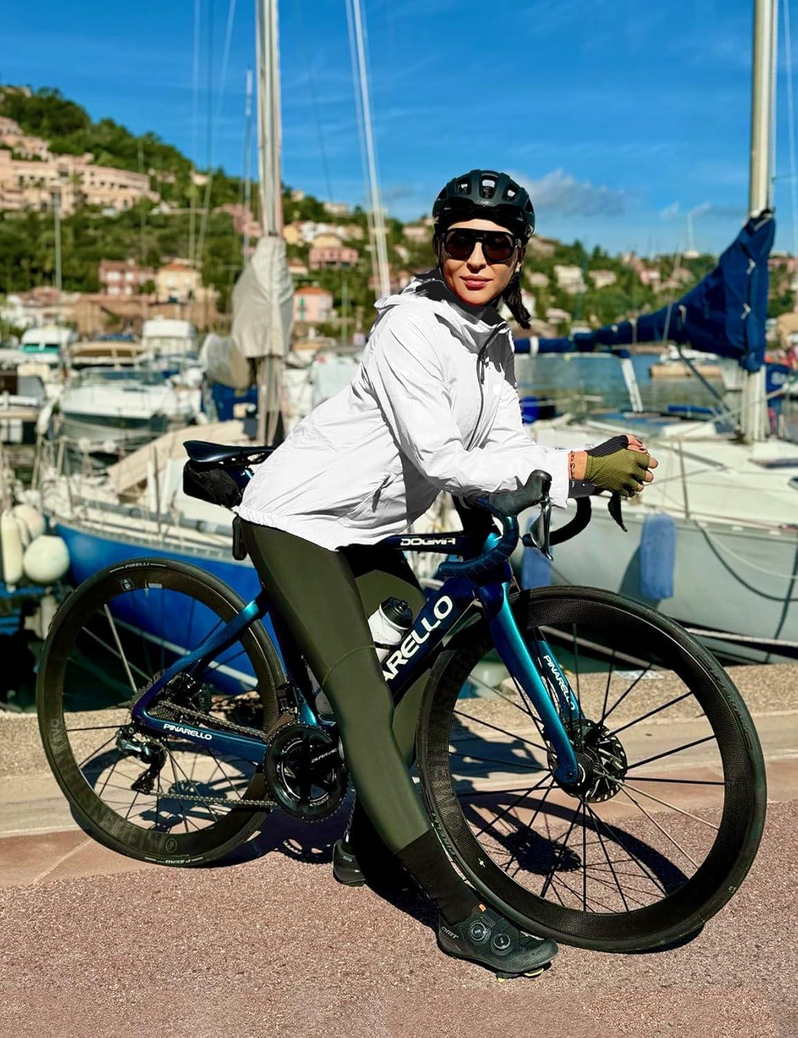 imageFitsT4 Sports Womens Cycling Running Jackets Lightweight Windproof Bike Windbreaker Reflective with HoodedWhite