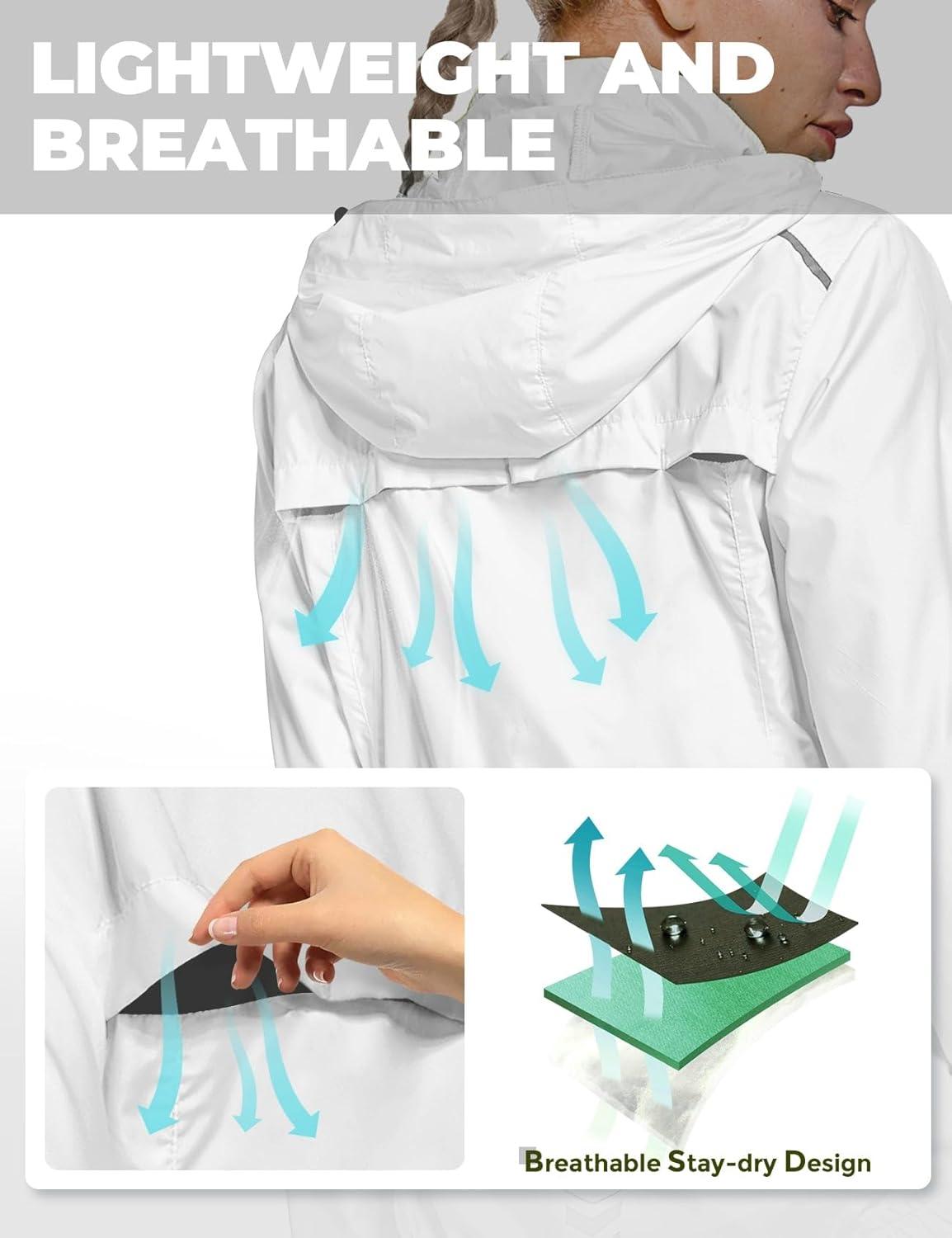 imageFitsT4 Sports Womens Cycling Running Jackets Lightweight Windproof Bike Windbreaker Reflective with HoodedWhite