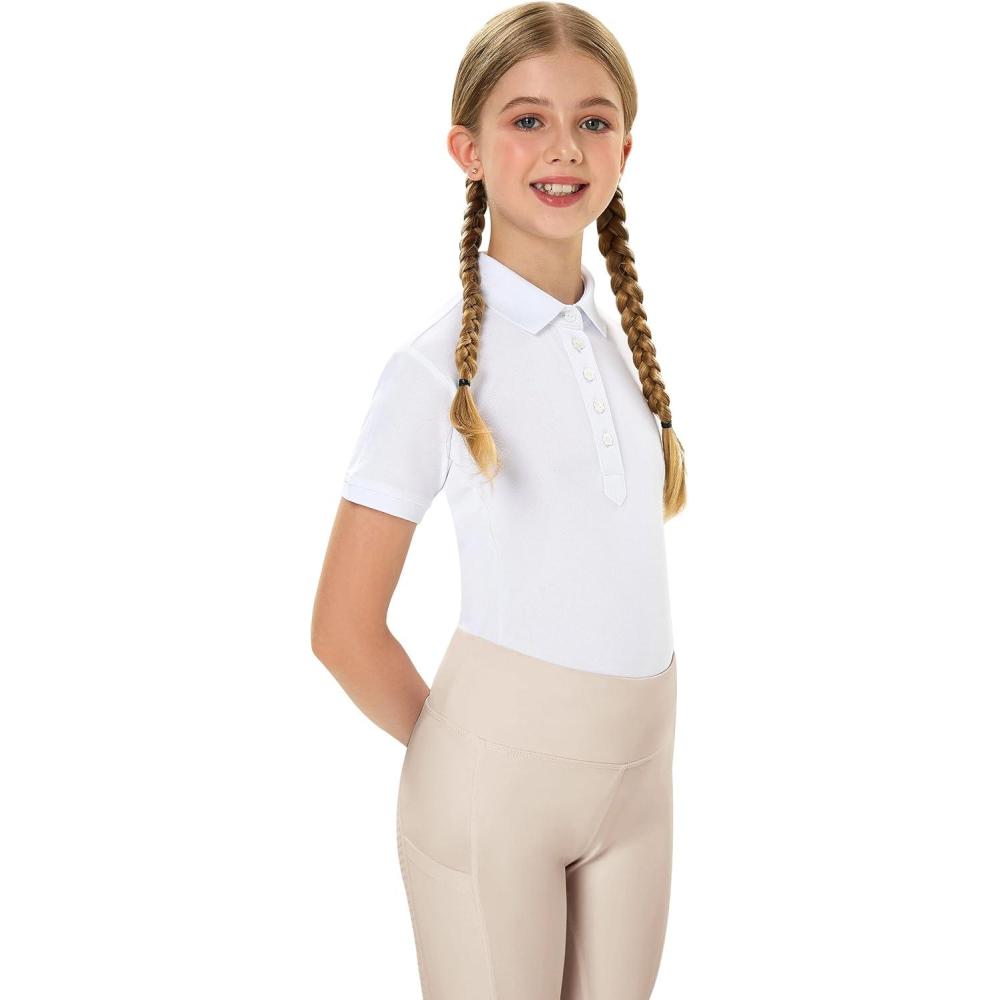 imageFitsT4 Sports Girls Equestrian Shirt Short Sleeve Horse Riding Polo Shirts Button UP Horseback Show ShirtWhite