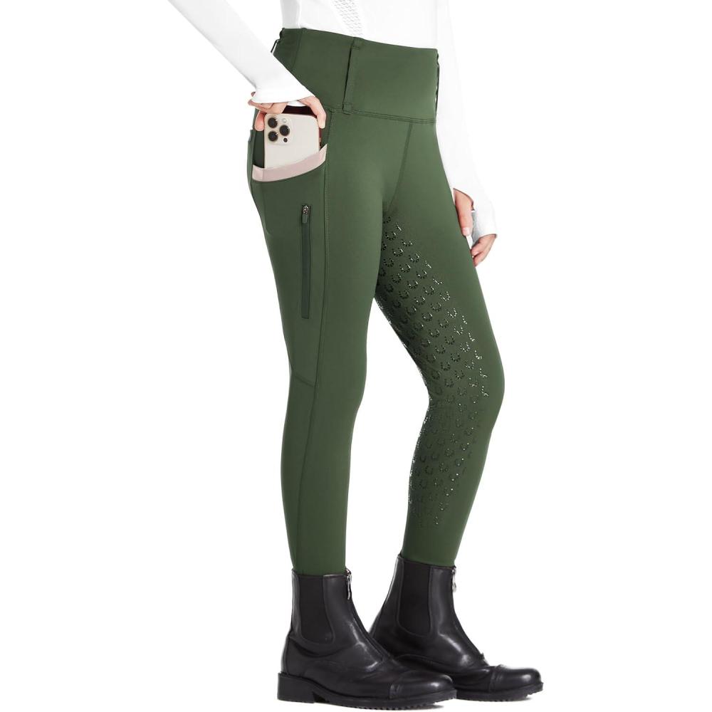 imageFitsT4 Sports Girls Riding Pants Full Seat High Waist Kids Equestrian Breeches Horse Schooling Tights Zipper PocketsArmy Green