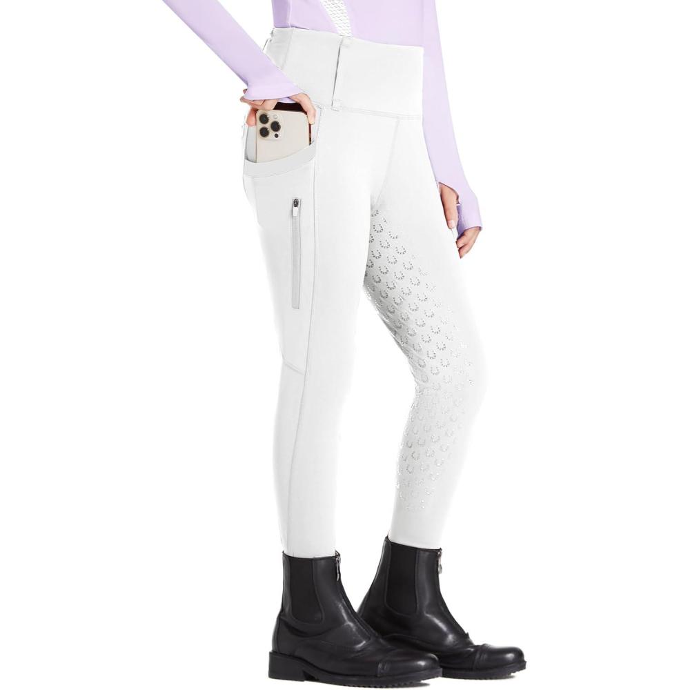 imageFitsT4 Sports Girls Riding Pants Full Seat High Waist Kids Equestrian Breeches Horse Schooling Tights Zipper PocketsWhite