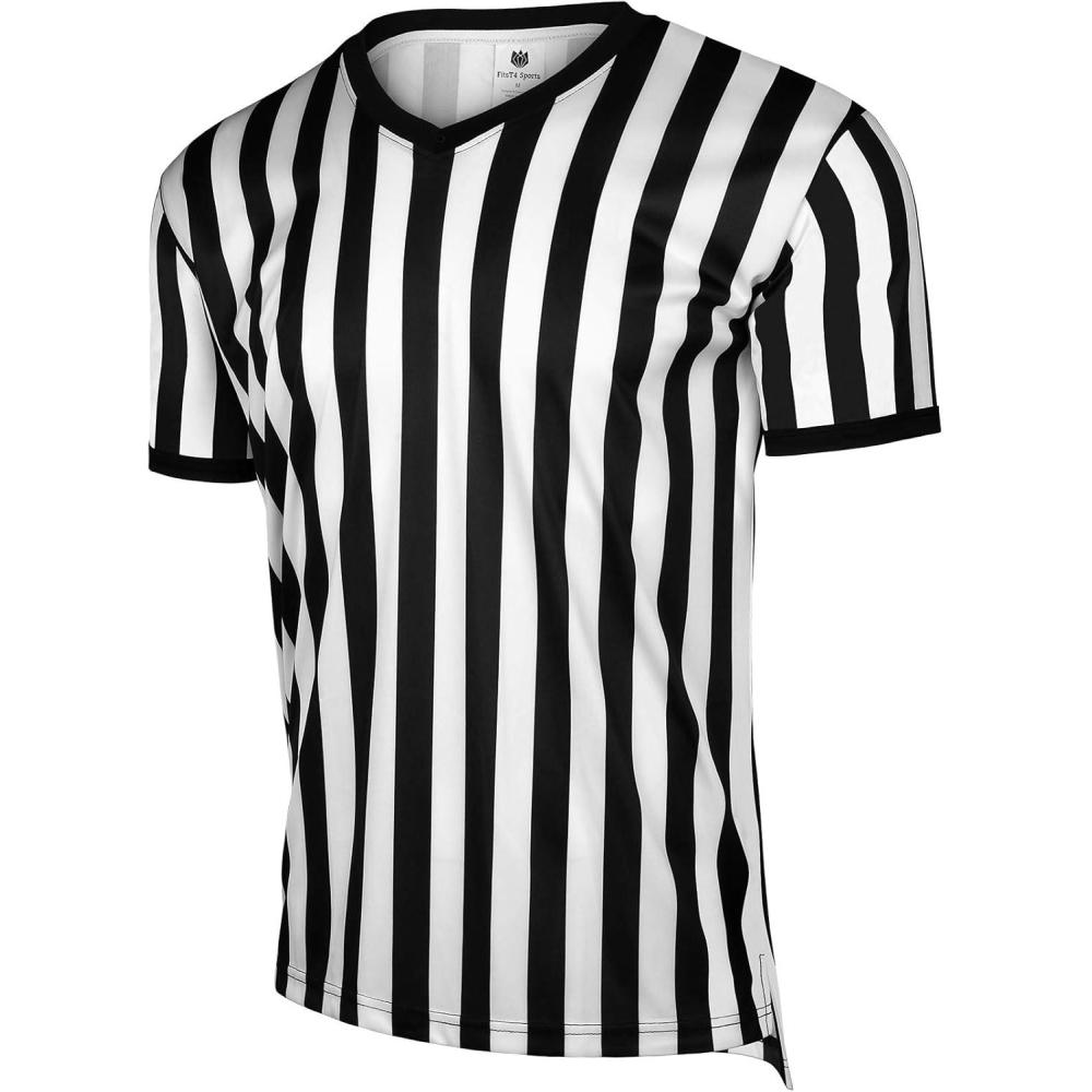imageFitsT4 Sports Mens Official Black ampamp White Stripe Referee Shirt Short Sleeve Umpire Jersey Costume Pro Ref Football UniformBlackWhite Stripev Neck