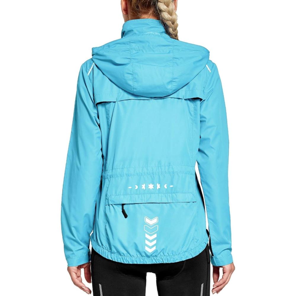 imageFitsT4 Sports Womens Cycling Running Jackets Lightweight Windproof Bike Windbreaker Reflective with HoodedLight Blue