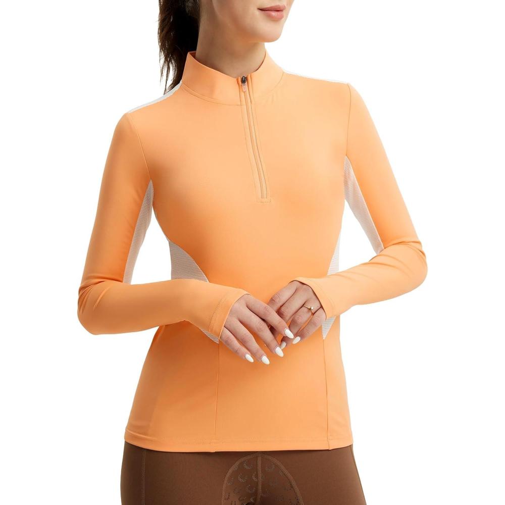 imageFitsT4 Sports Womens Equestrian Shirts Thumbholes Long Sleeve Horse Riding Shirts Quick Dry UPF50 Riding Top Half ZipPeach Cobbler