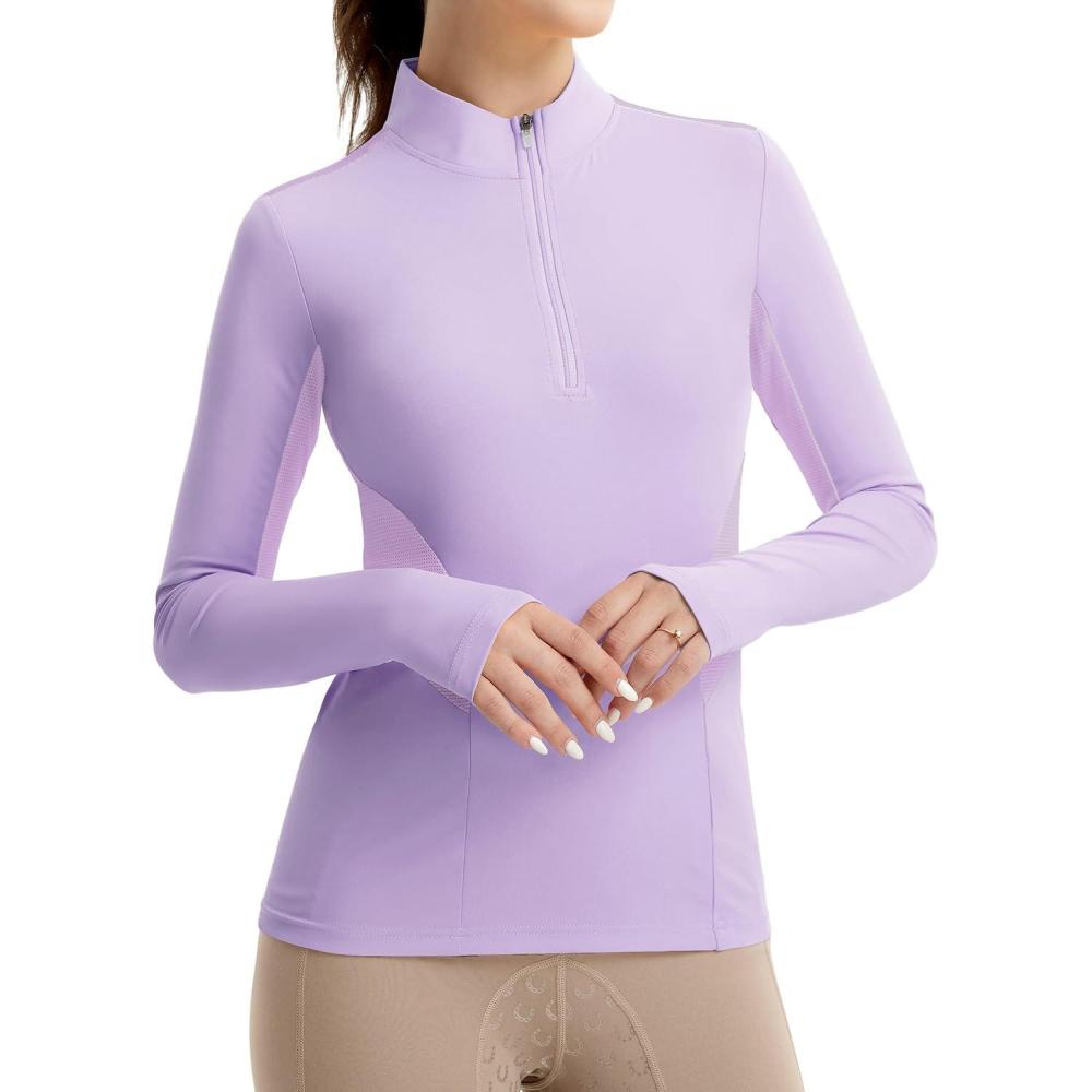 imageFitsT4 Sports Womens Equestrian Shirts Thumbholes Long Sleeve Horse Riding Shirts Quick Dry UPF50 Riding Top Half ZipPurple