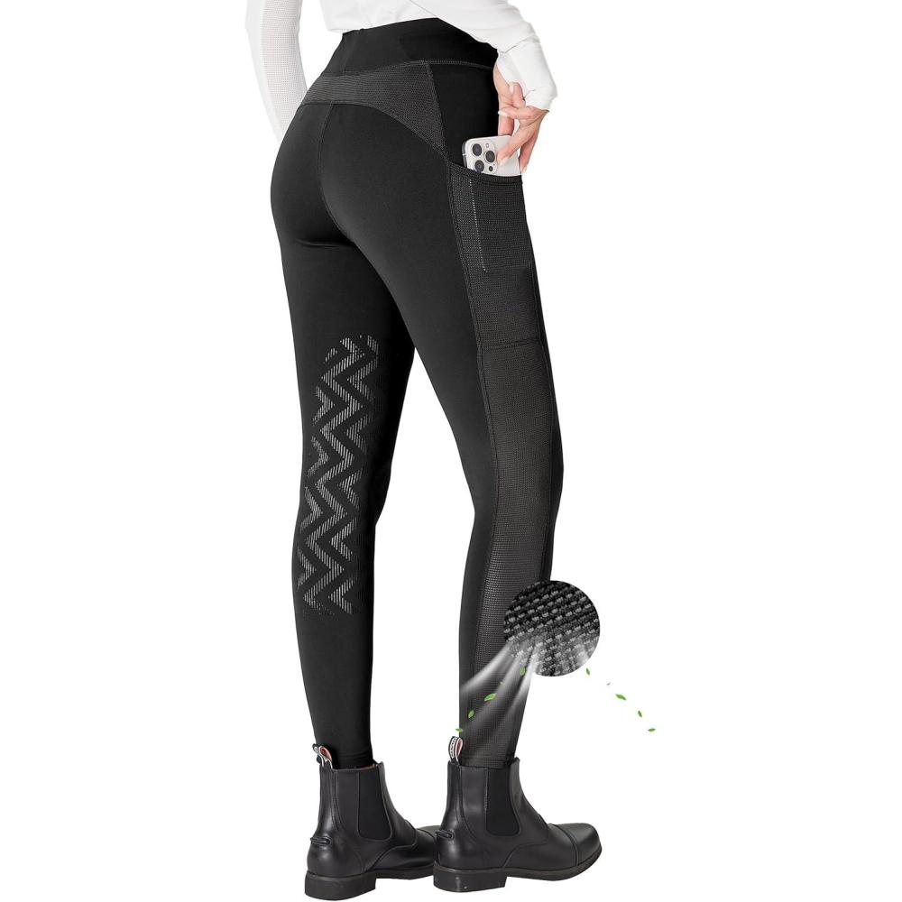 imageFitsT4 Sports Womens Horse Riding Pants KneePatch Riding Tights Ventilated Mesh Equestrian Breeches with PocketsBlack