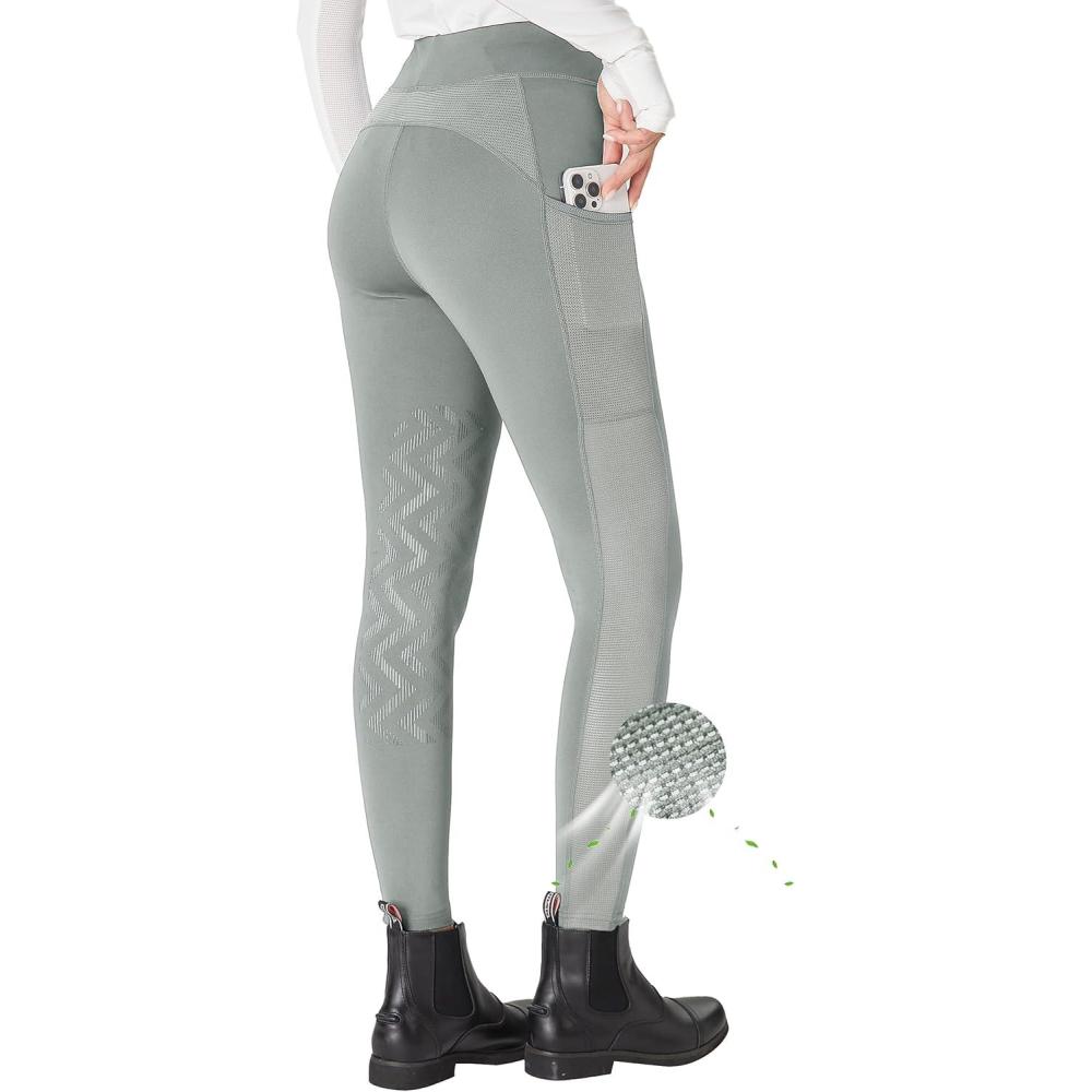 imageFitsT4 Sports Womens Horse Riding Pants KneePatch Riding Tights Ventilated Mesh Equestrian Breeches with PocketsGrey