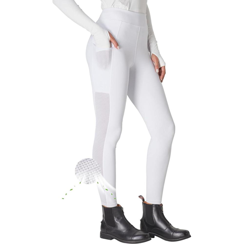 imageFitsT4 Sports Womens Horse Riding Pants KneePatch Riding Tights Ventilated Mesh Equestrian Breeches with PocketsWhite