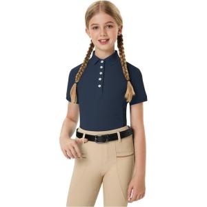 FitsT4 Sports Girls Equestrian Shirt Short Sleeve Horse Riding Polo Shirts Button UP Horseback Show Shirt(Navy)