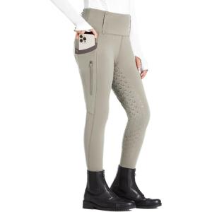 FitsT4 Sports Girls Riding Pants Full Seat High Waist Kids Equestrian Breeches Horse Schooling Tights Zipper Pockets(Khaki)