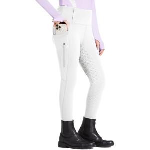 FitsT4 Sports Girls Riding Pants Full Seat High Waist Kids Equestrian Breeches Horse Schooling Tights Zipper Pockets(White)