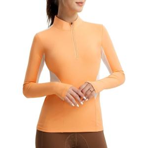 FitsT4 Sports Womens Equestrian Shirts Thumbholes Long Sleeve Horse Riding Shirts Quick Dry UPF50+ Riding Top Half Zip(Peach Cobbler)