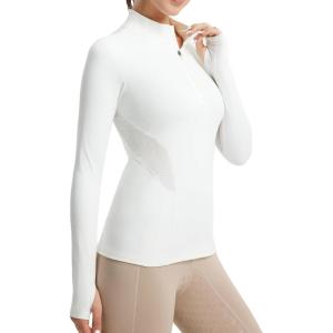 FitsT4 Sports Womens Equestrian Shirts Thumbholes Long Sleeve Horse Riding Shirts Quick Dry UPF50+ Riding Top Half Zip(White)