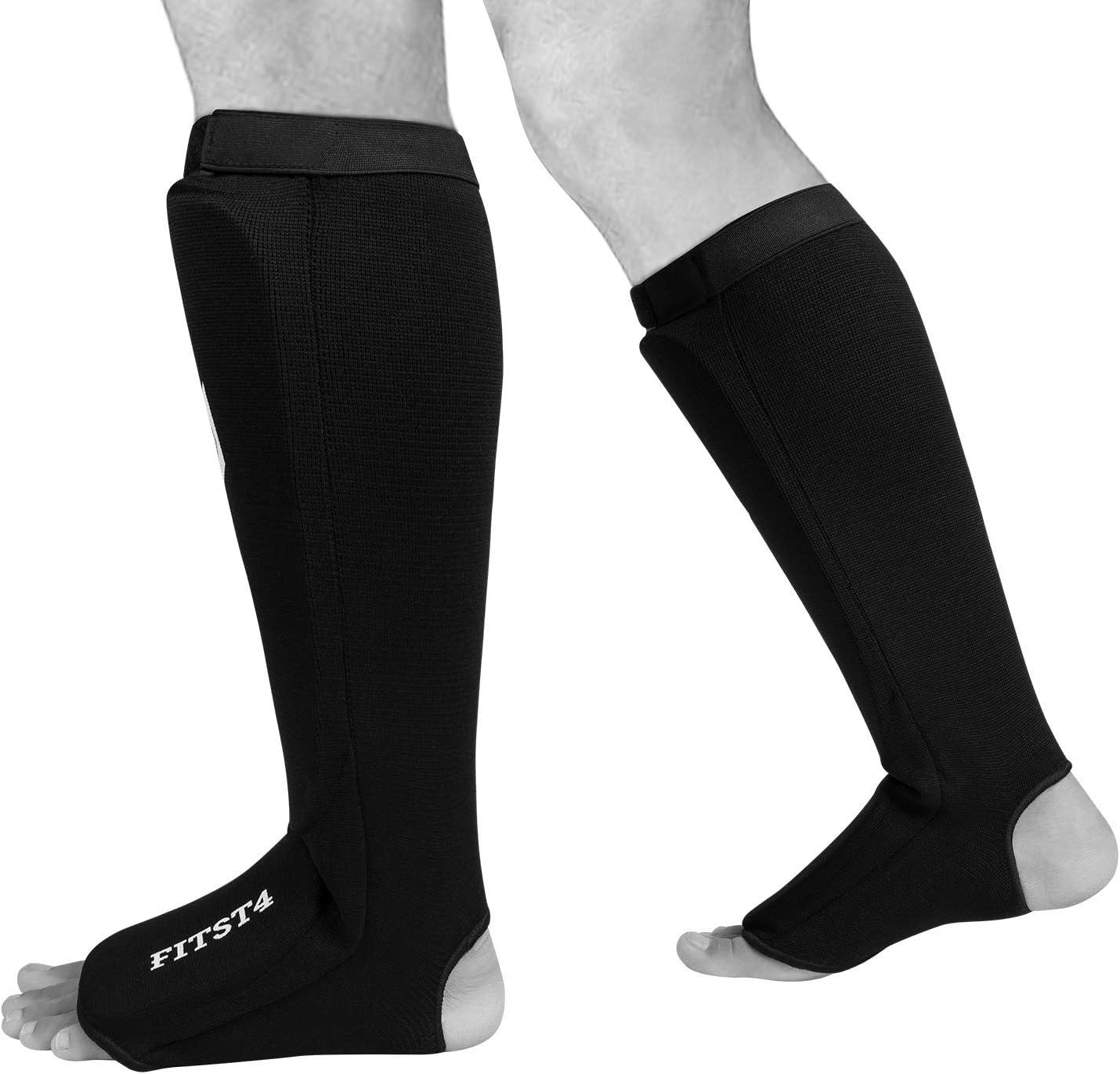 imageFitsT4 Kickboxing MMA Muay Thai Instep Padded Elastic Training Sparring Shin Guards 1 Pair