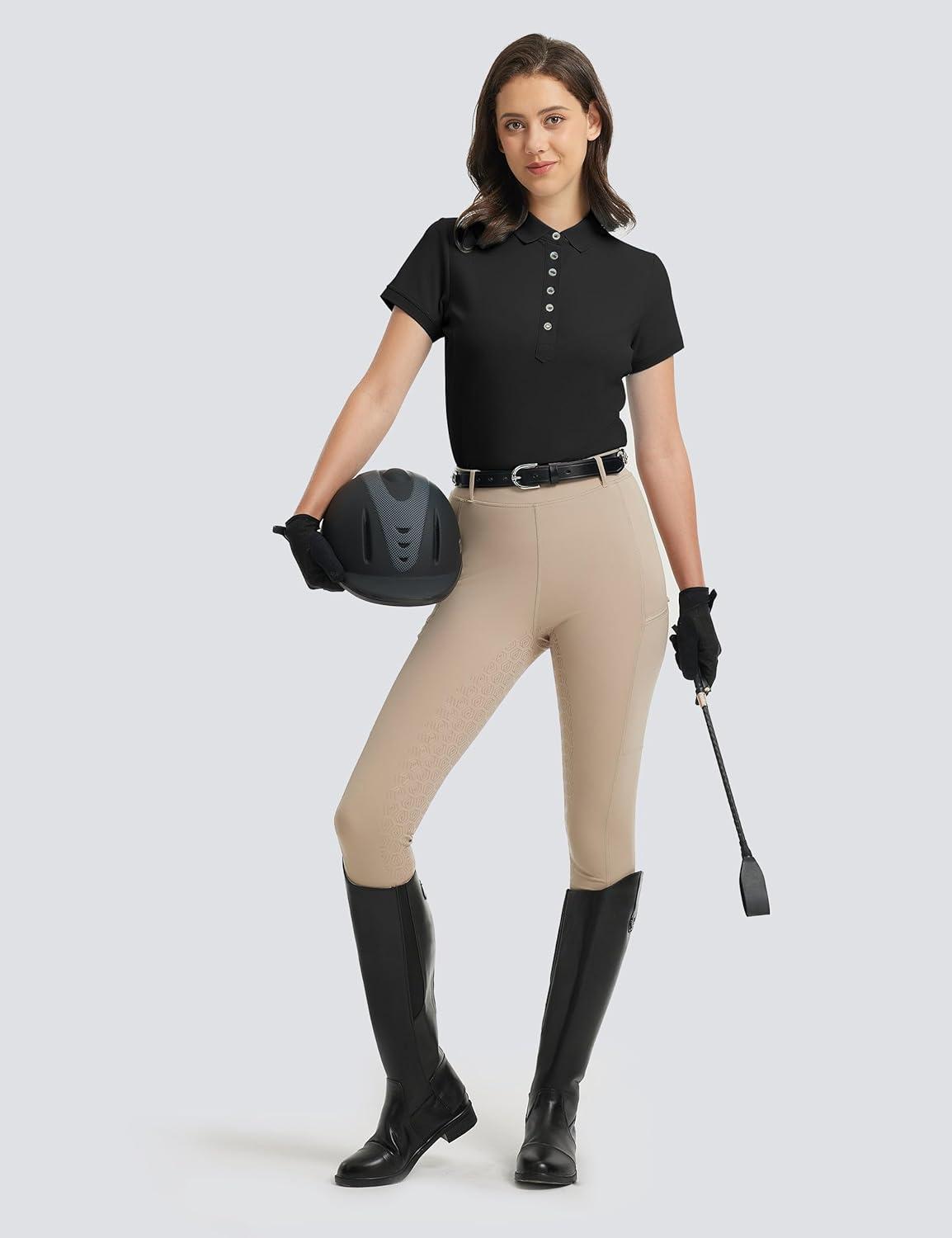 imageFitsT4 Sports Equestrian Shirts for Women Short Sleeve UPF50 Moisture Wicking Polo Shirts for Horse Riding TopsBlack