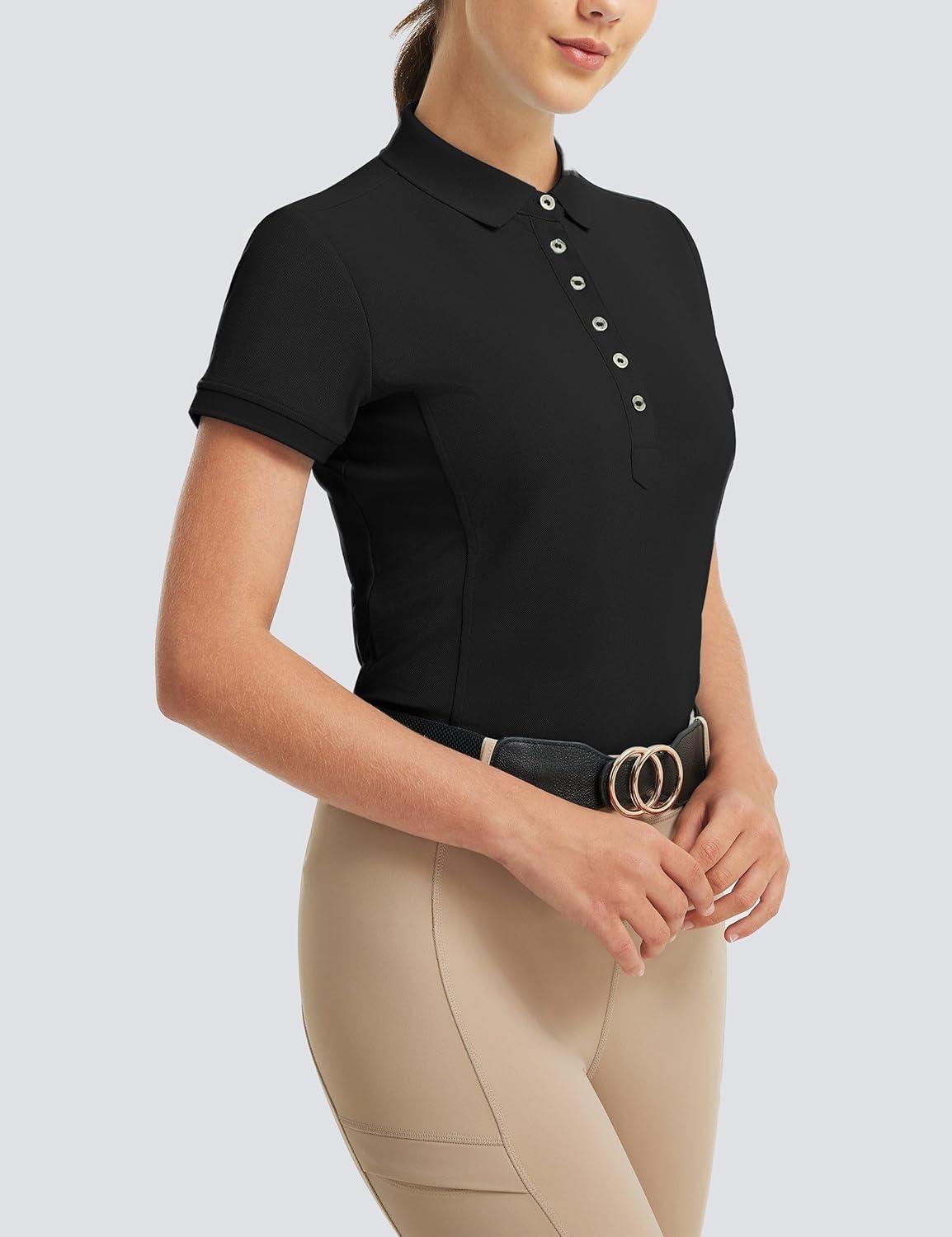 imageFitsT4 Sports Equestrian Shirts for Women Short Sleeve UPF50 Moisture Wicking Polo Shirts for Horse Riding TopsBlack