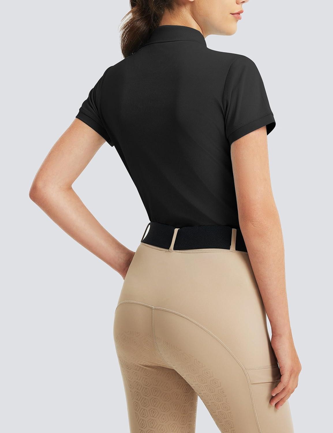 imageFitsT4 Sports Equestrian Shirts for Women Short Sleeve UPF50 Moisture Wicking Polo Shirts for Horse Riding TopsBlack
