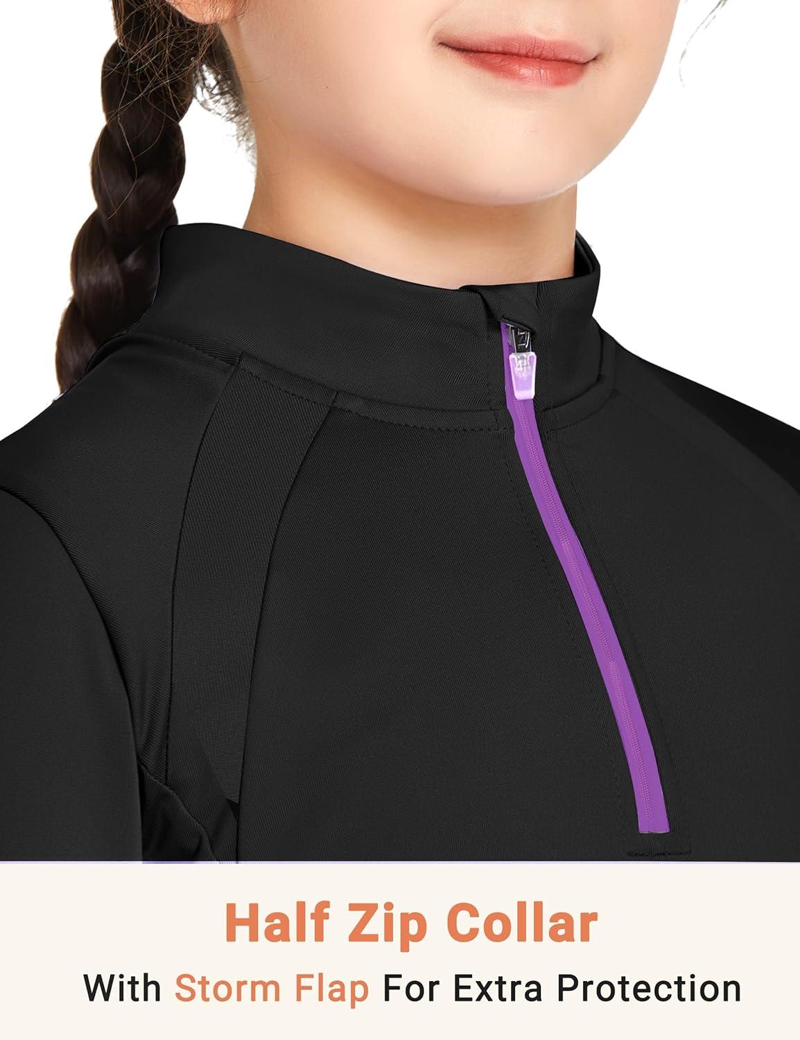 imageFitsT4 Sports Girls Fleece Long Sleeve Shirts Thumbhole Horse Riding Shirt Kids Equestrain Half Zip Thermal JacketBlack