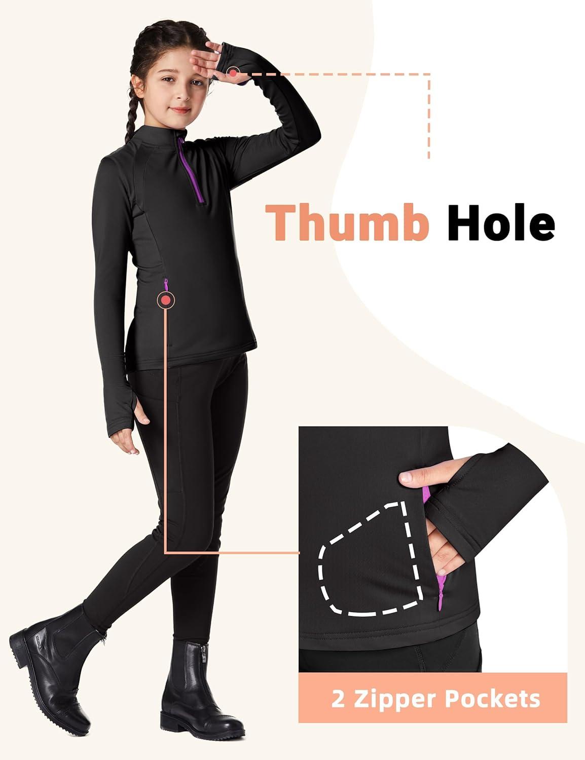 imageFitsT4 Sports Girls Fleece Long Sleeve Shirts Thumbhole Horse Riding Shirt Kids Equestrain Half Zip Thermal JacketBlack