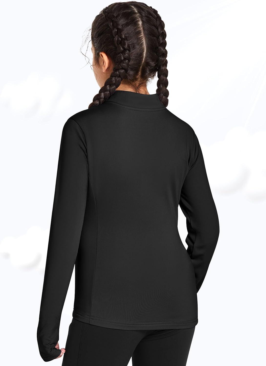 imageFitsT4 Sports Girls Fleece Long Sleeve Shirts Thumbhole Horse Riding Shirt Kids Equestrain Half Zip Thermal JacketBlack