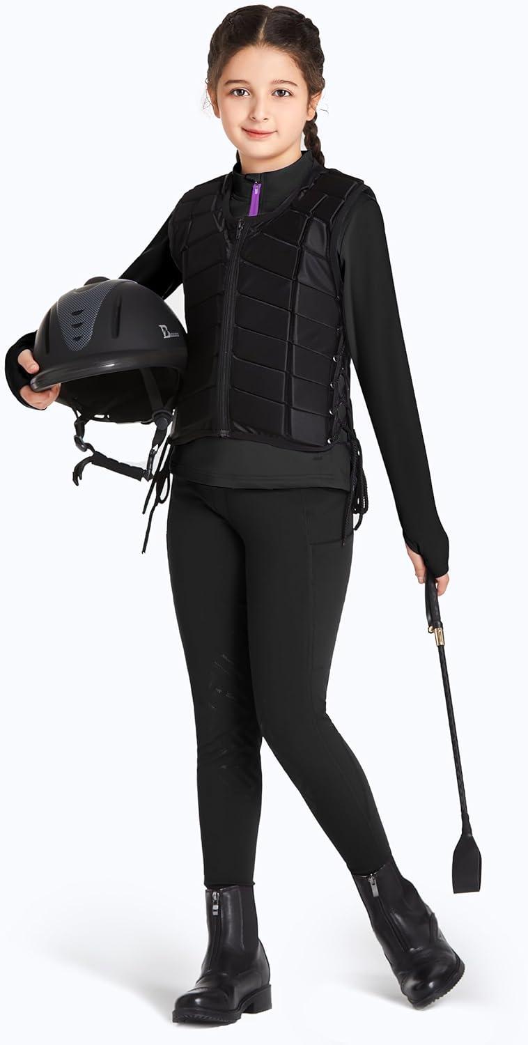 imageFitsT4 Sports Girls Fleece Long Sleeve Shirts Thumbhole Horse Riding Shirt Kids Equestrain Half Zip Thermal JacketBlack