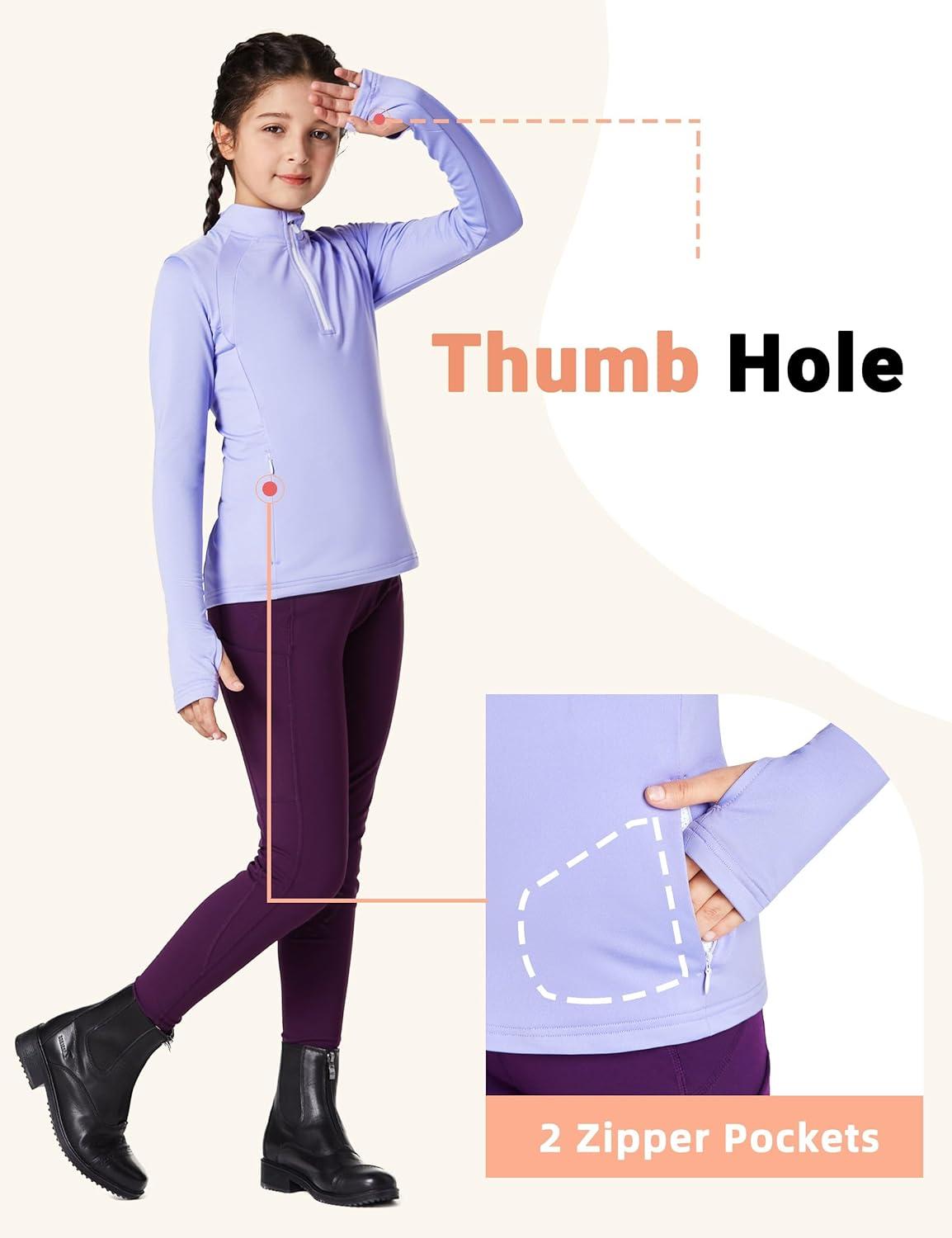 imageFitsT4 Sports Girls Fleece Long Sleeve Shirts Thumbhole Horse Riding Shirt Kids Equestrain Half Zip Thermal JacketPurple