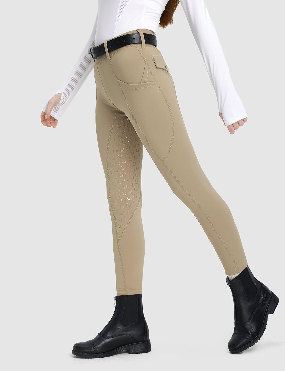 imageFitsT4 Sports Girls Riding Pants Fleece Lined Kids Winter Breeches Full Seat Silicone Equestrian Pants Tights PocketsKhaki