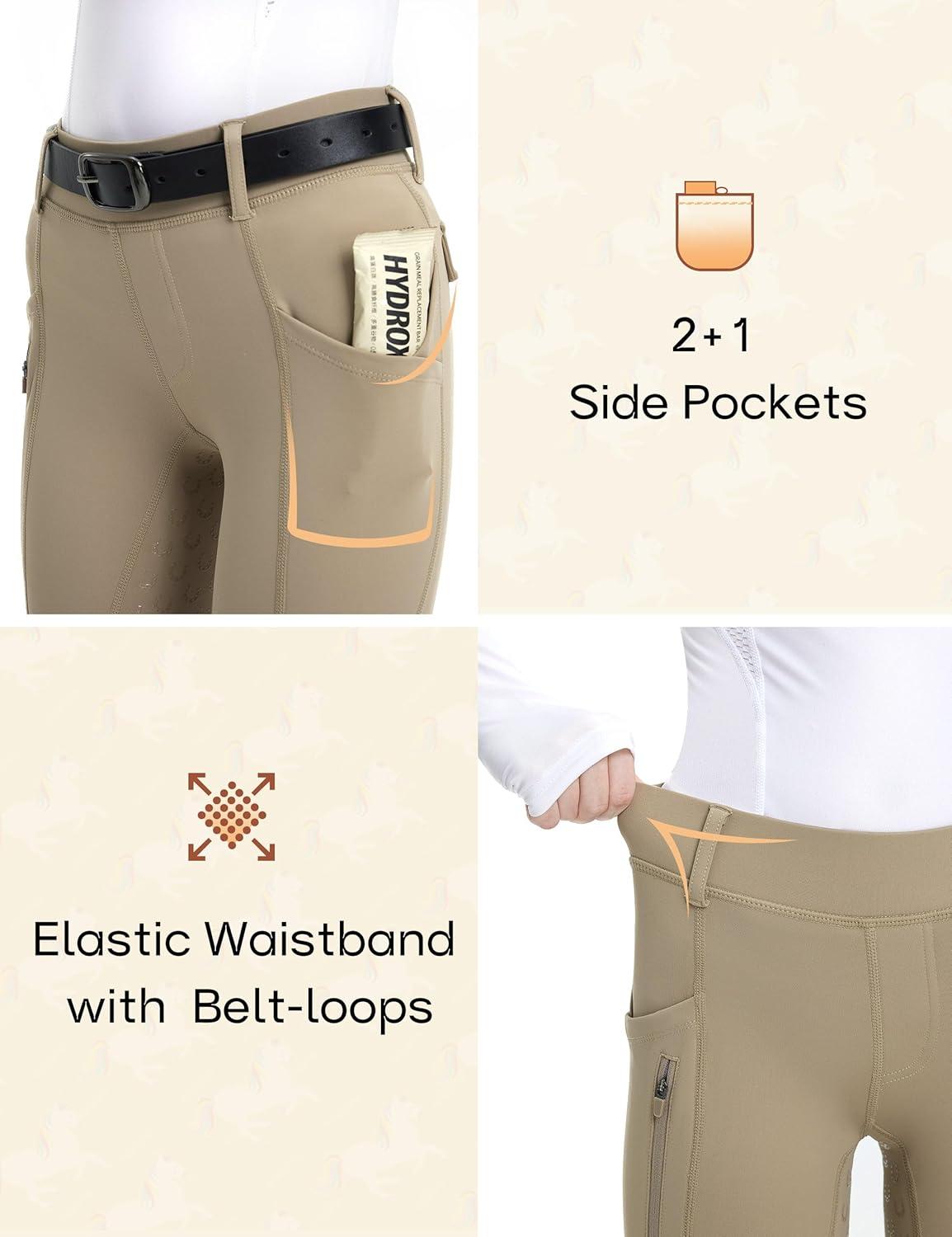 imageFitsT4 Sports Girls Riding Pants Fleece Lined Kids Winter Breeches Full Seat Silicone Equestrian Pants Tights PocketsKhaki