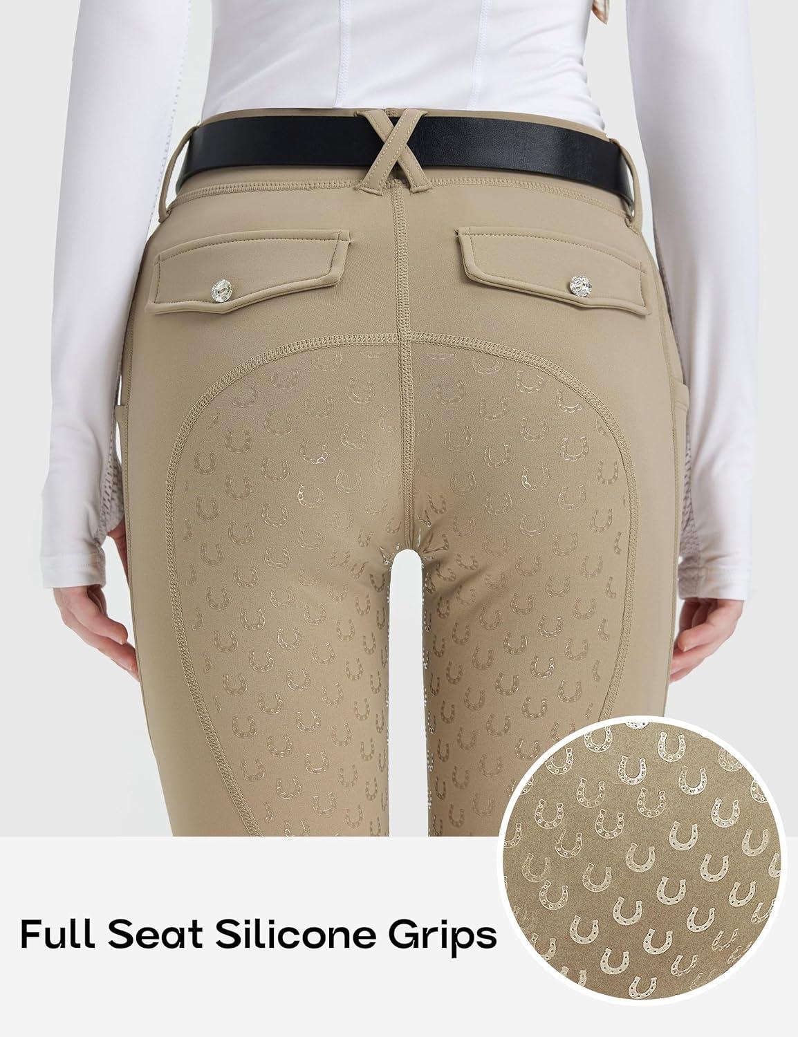 imageFitsT4 Sports Girls Riding Pants Fleece Lined Kids Winter Breeches Full Seat Silicone Equestrian Pants Tights PocketsKhaki