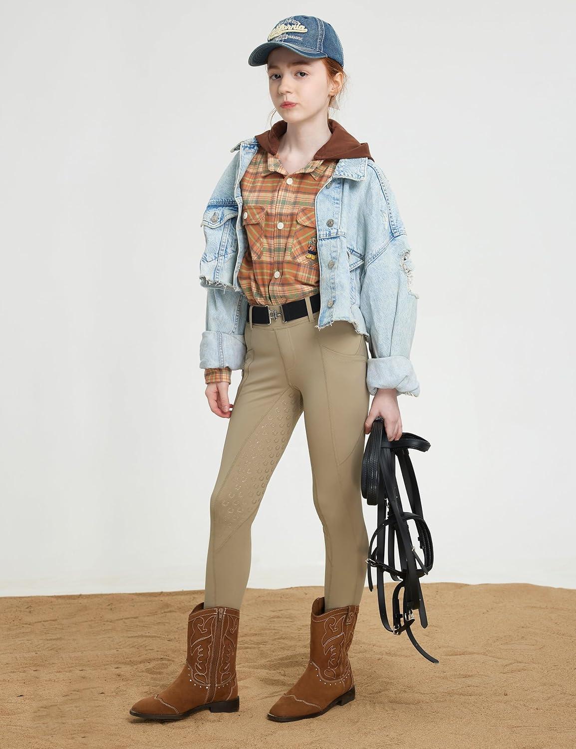 imageFitsT4 Sports Girls Riding Pants Fleece Lined Kids Winter Breeches Full Seat Silicone Equestrian Pants Tights PocketsKhaki