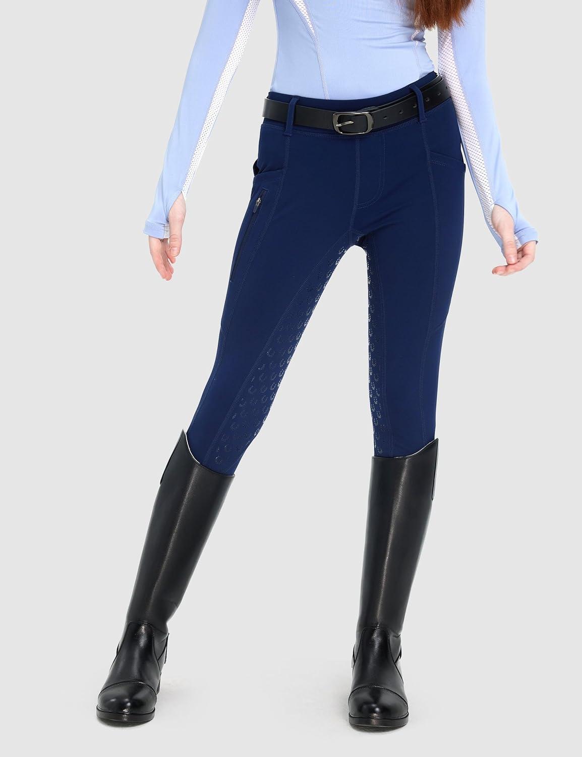 imageFitsT4 Sports Girls Riding Pants Fleece Lined Kids Winter Breeches Full Seat Silicone Equestrian Pants Tights PocketsNavy