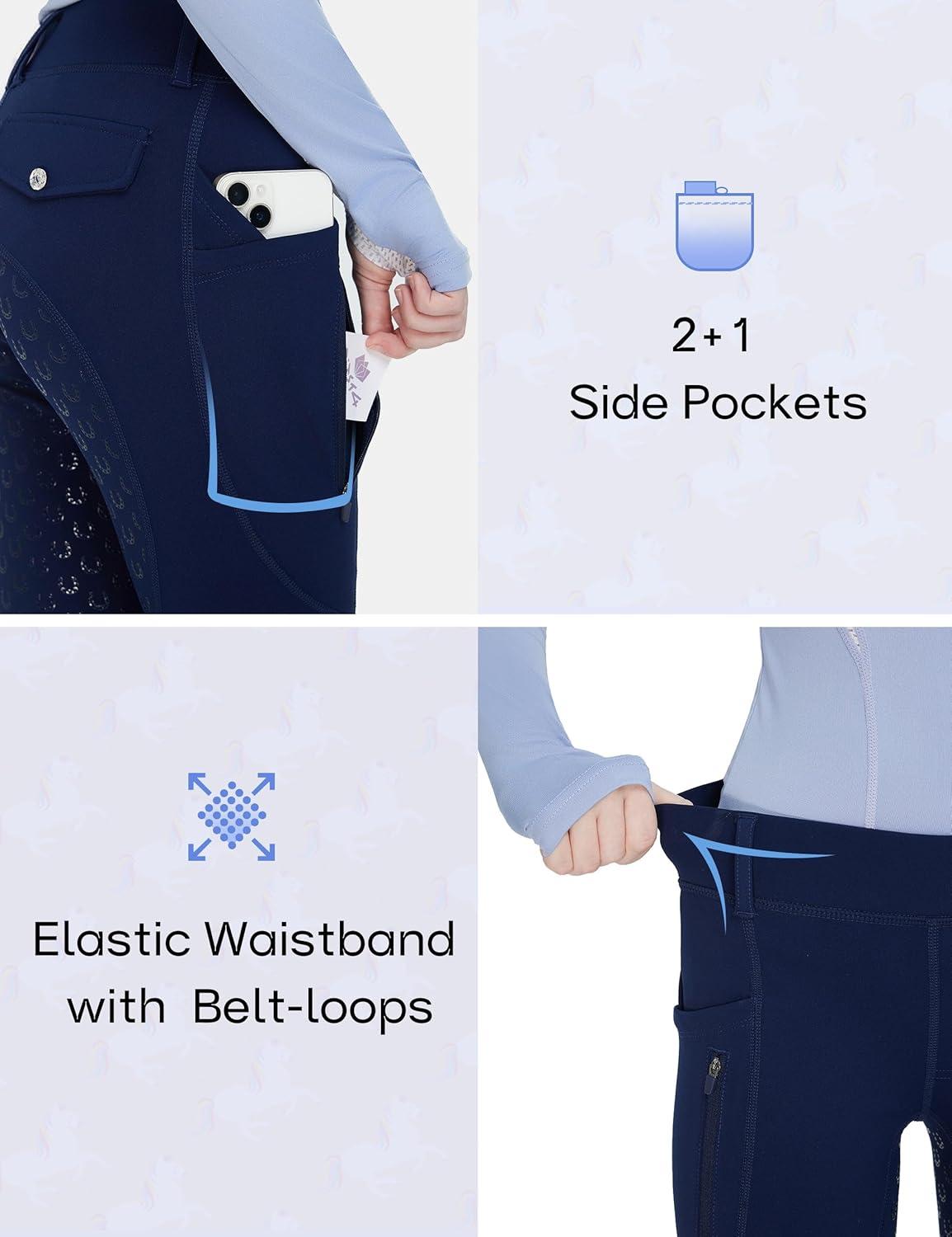 imageFitsT4 Sports Girls Riding Pants Fleece Lined Kids Winter Breeches Full Seat Silicone Equestrian Pants Tights PocketsNavy