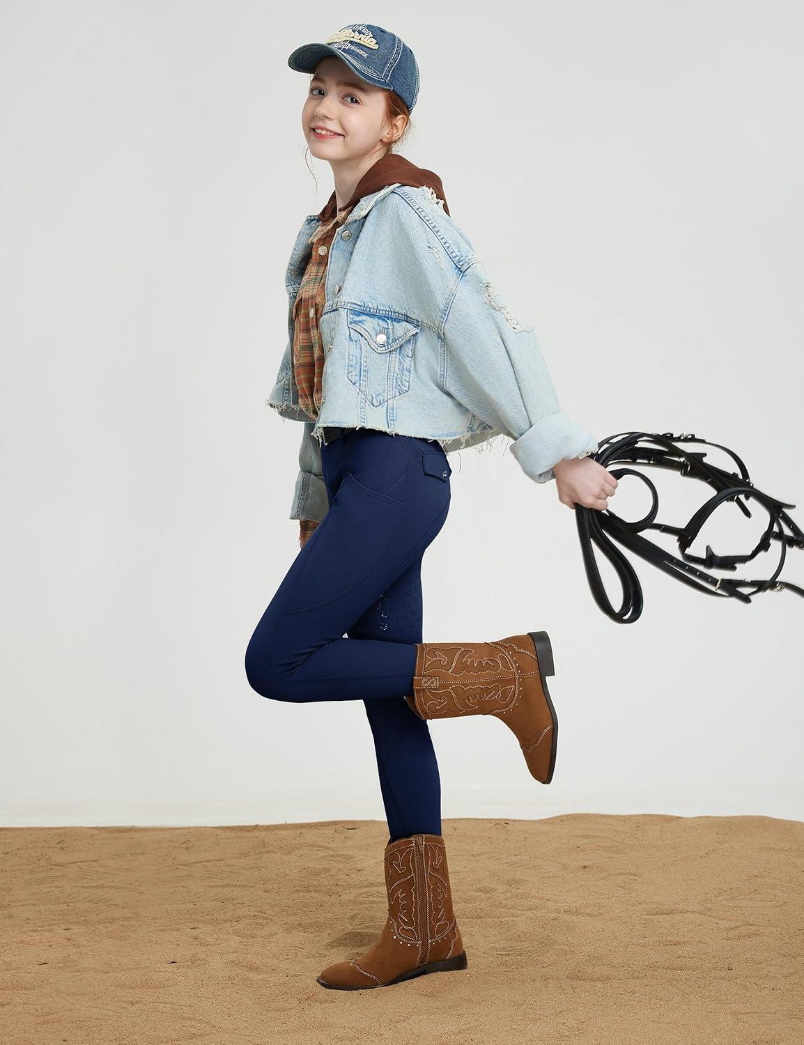 imageFitsT4 Sports Girls Riding Pants Fleece Lined Kids Winter Breeches Full Seat Silicone Equestrian Pants Tights PocketsNavy