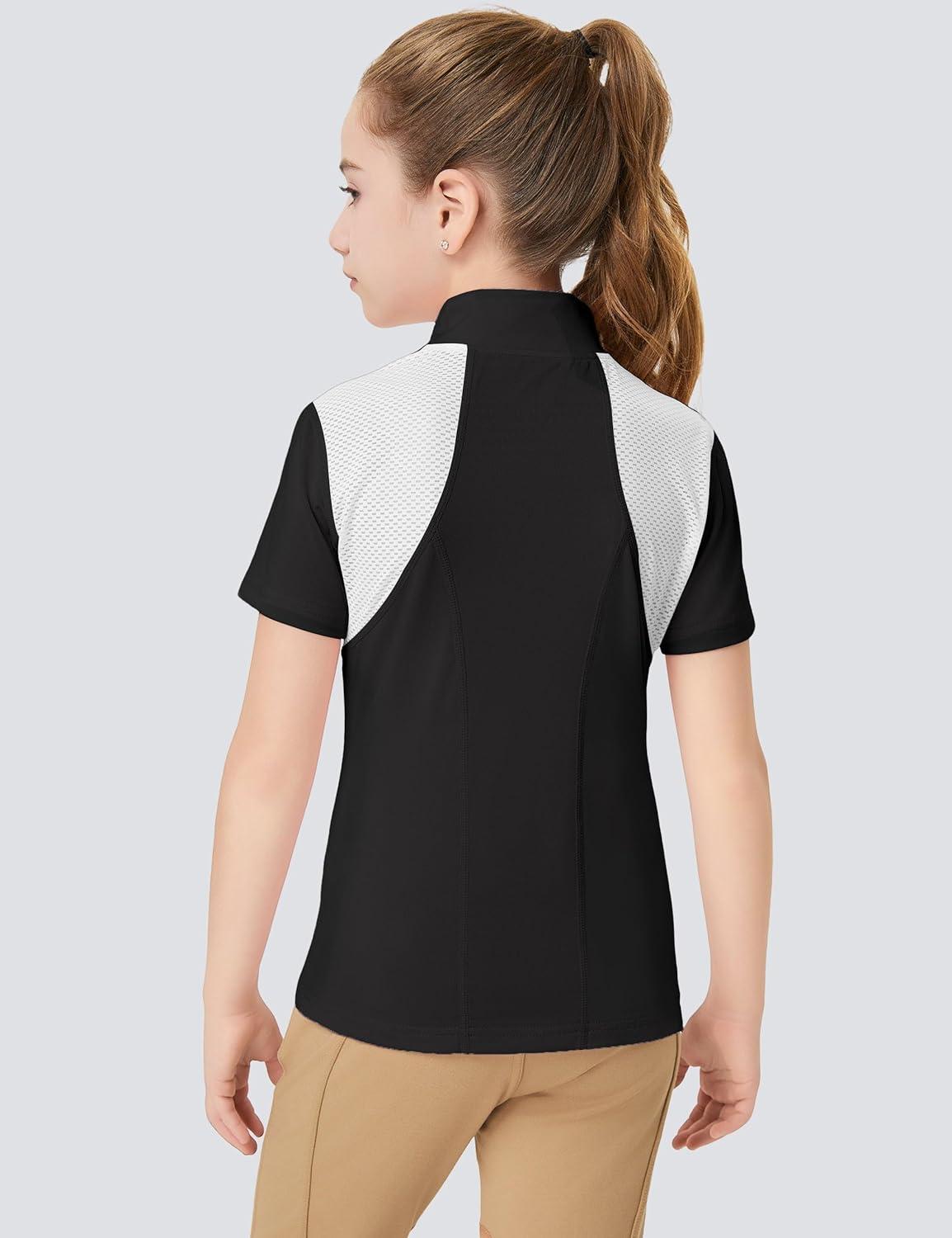 imageFitsT4 Sports Girls Short Sleeve Equestrian Shirt Quick Dry Horse Riding Shirts Half Zip Horseback Show ShirtBlack